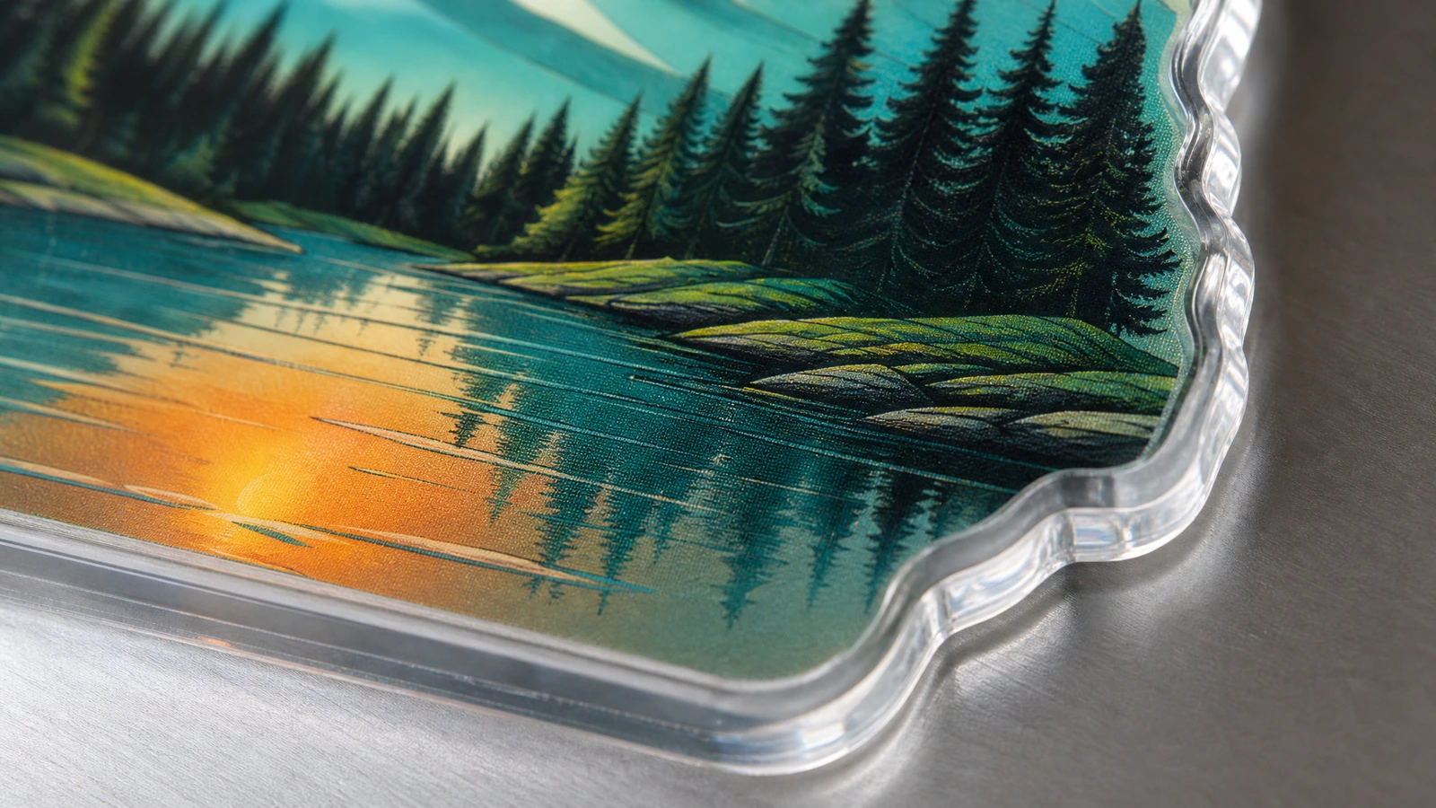 Illustrative front and rear acrylic magnet constructions with transparent areas and alternative magnetic backings