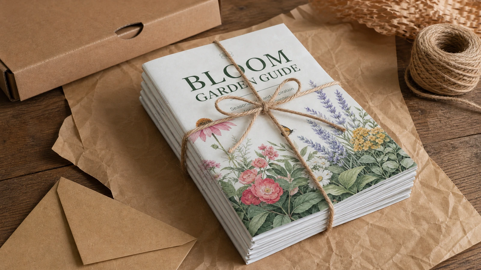 Step-by-step booklet production line showing printing, folding, stapling, trimming, and packing