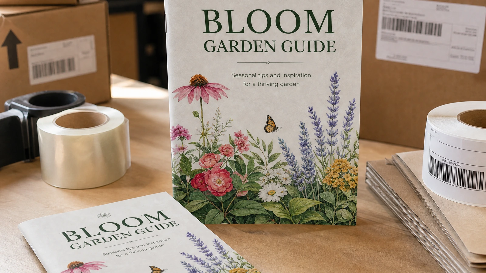Booklet cover finish and saddle-stitch binding options displayed side by side