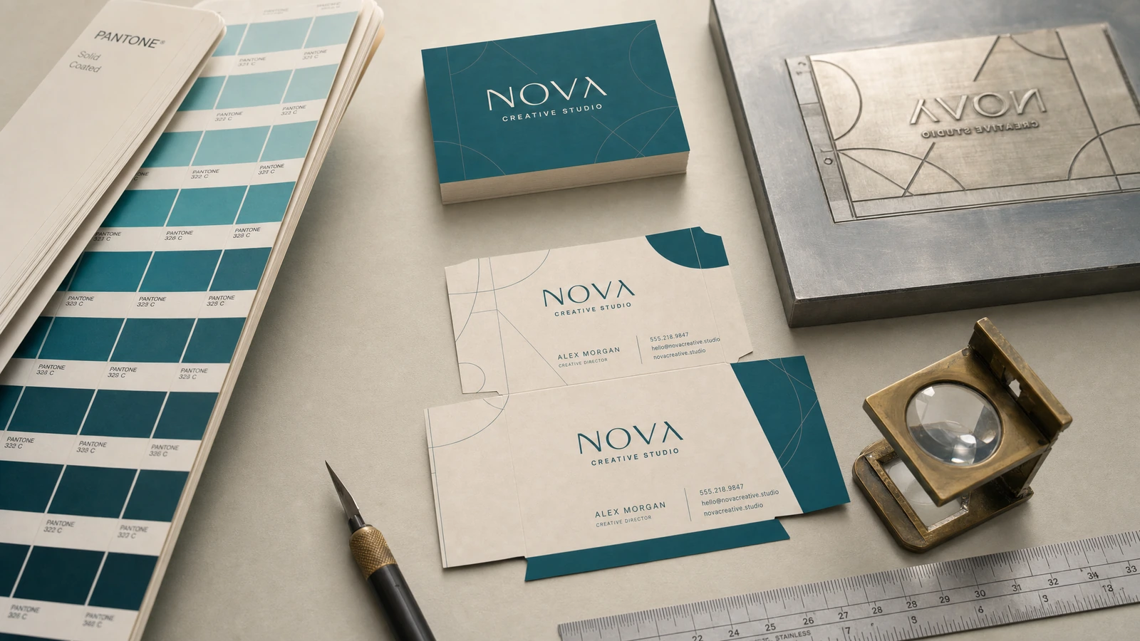 Business card layout examined at actual size beside a ruler and printed proof