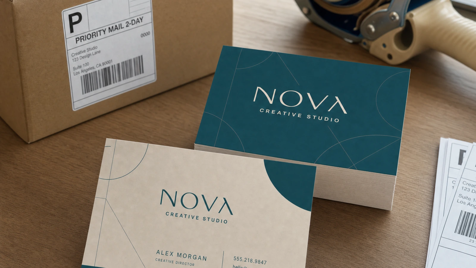 Illustrative business card surface samples with blank and printed reverse-side layouts