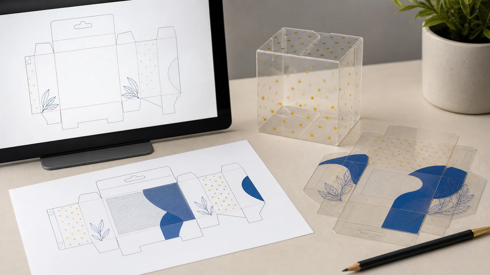 Artwork preflight concept with a PET box dieline, transparent areas, and an assembled proof