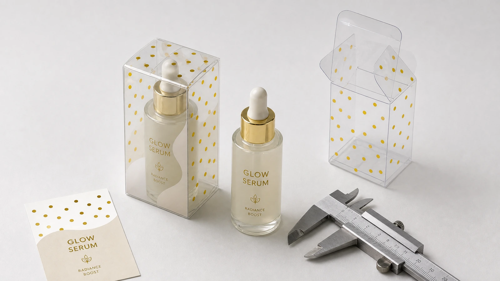 Clear PET folding box concept beside a product, measuring tools, and a printed readability sample