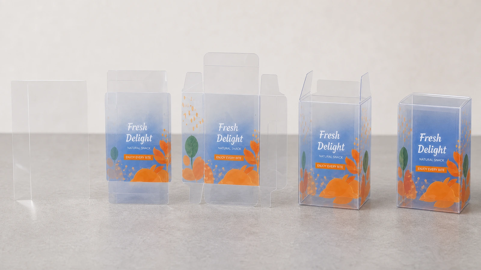 Illustrative PET folding box development sequence from flat sheet and printed blank to assembled sample