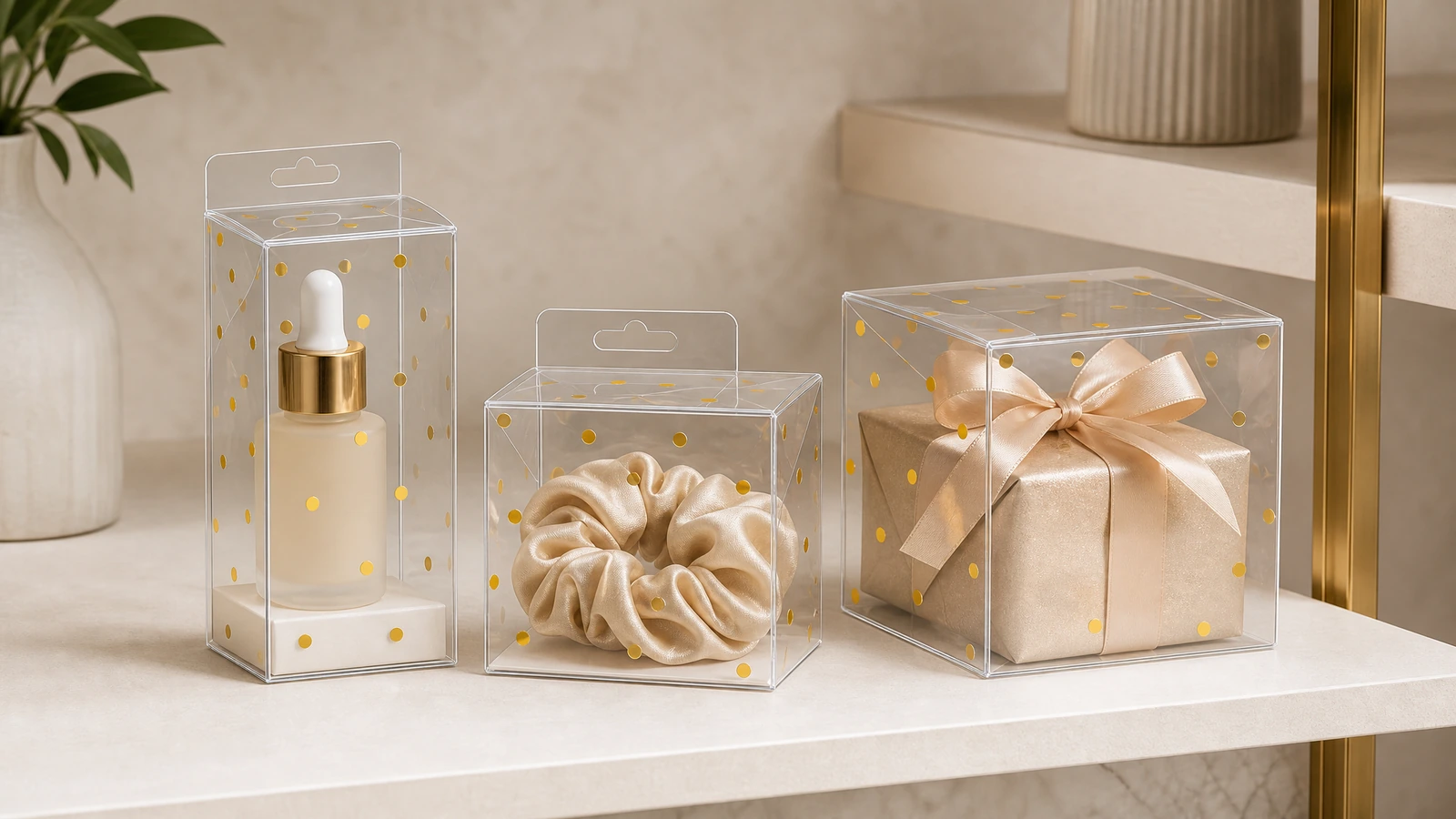 Concept clear PET folding boxes presenting cosmetics, accessories, and wrapped gifts