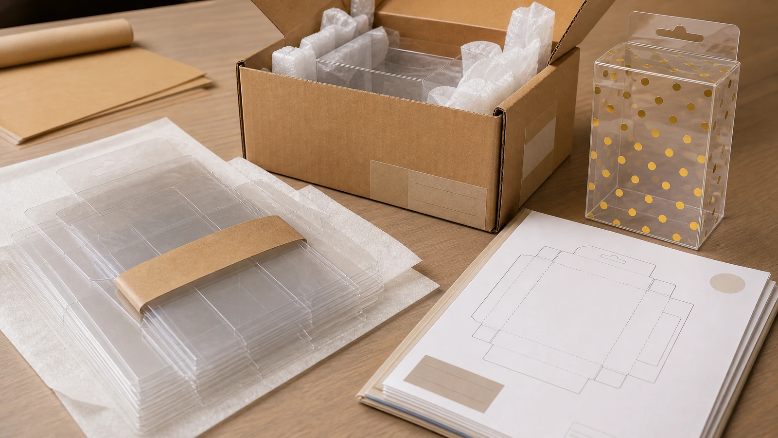 Concept PET folding box bundles, protective packing, outer carton, and retained reorder sample