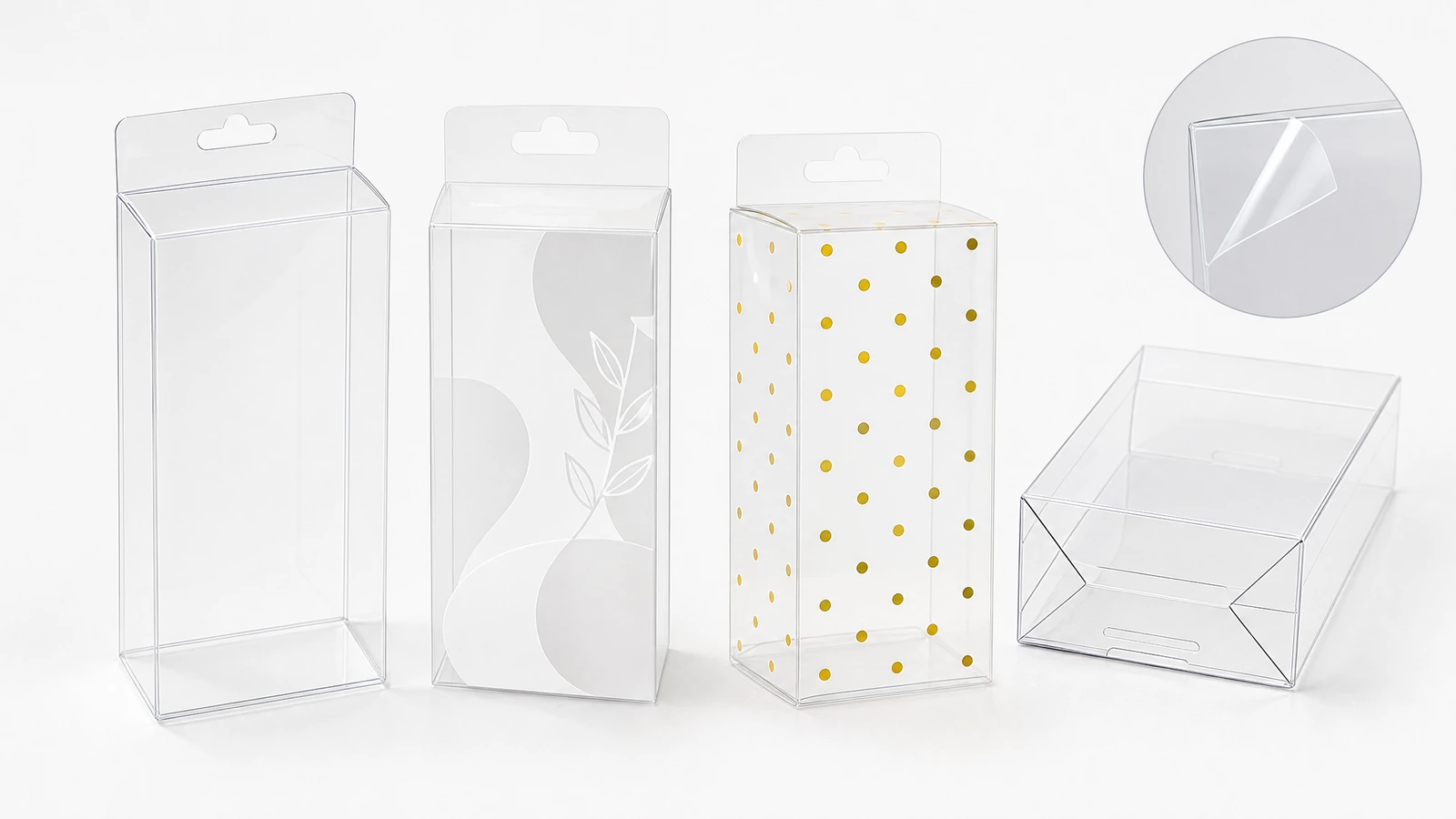 Concept PET folding box samples showing clear panels, proposed decoration, and rear tuck closure details