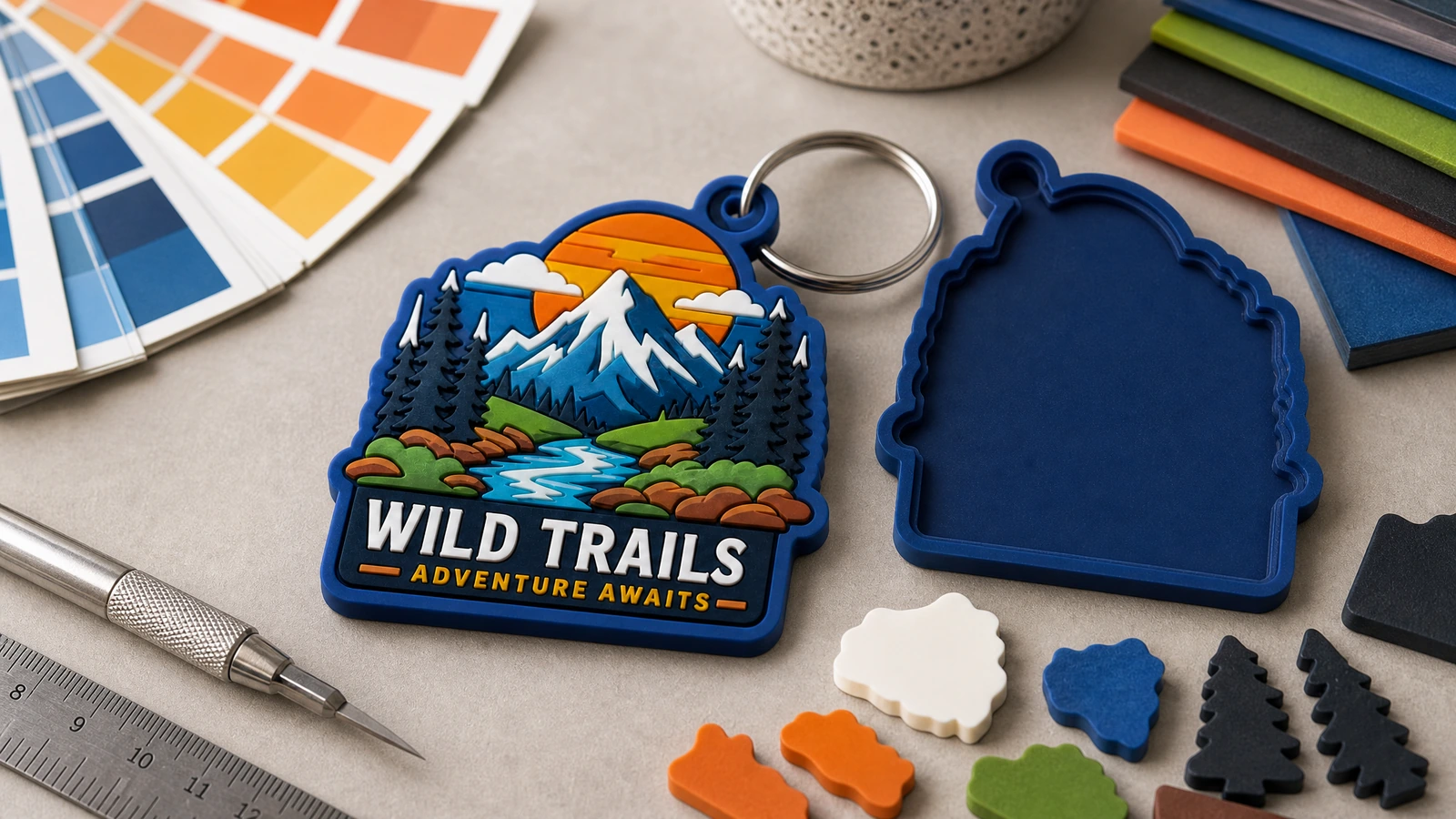 Custom soft PVC keychain application concepts Illustrative custom molded soft PVC keychains for brand giveaways, character merchandise and bag accessories