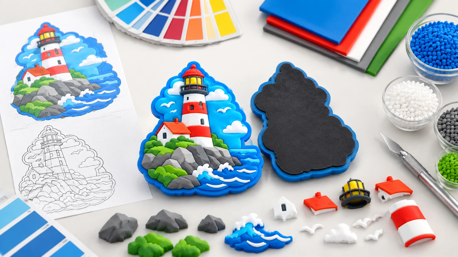 Souvenir and promotional applications for custom molded magnets Illustrative molded soft PVC souvenir magnets arranged for a museum shop and branded gift program