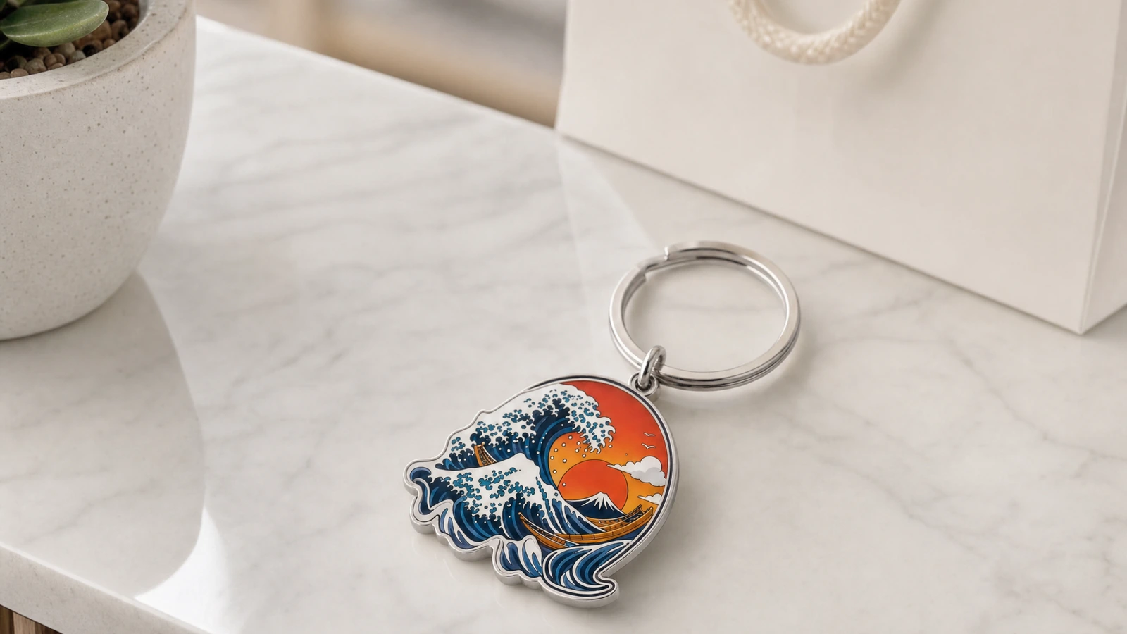 Compare surface effects and attachment configurations Illustrative metal finish, reverse-side, split-ring, and clasp options for a custom keychain