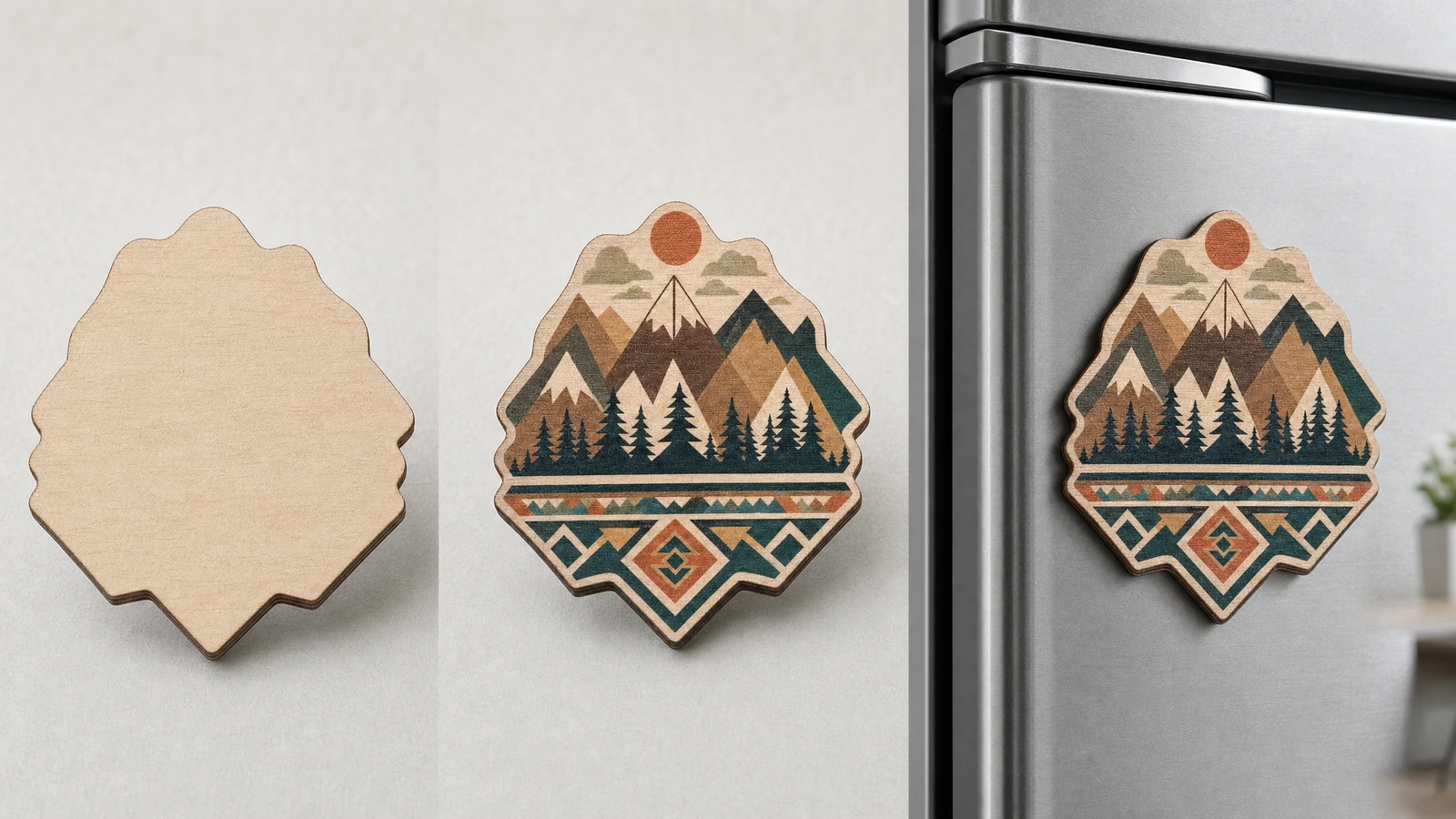 Check artwork boundaries, lettering and cut geometry before sampling Illustrative artwork preflight showing separate laser-cut outlines and engraving details for plywood magnets