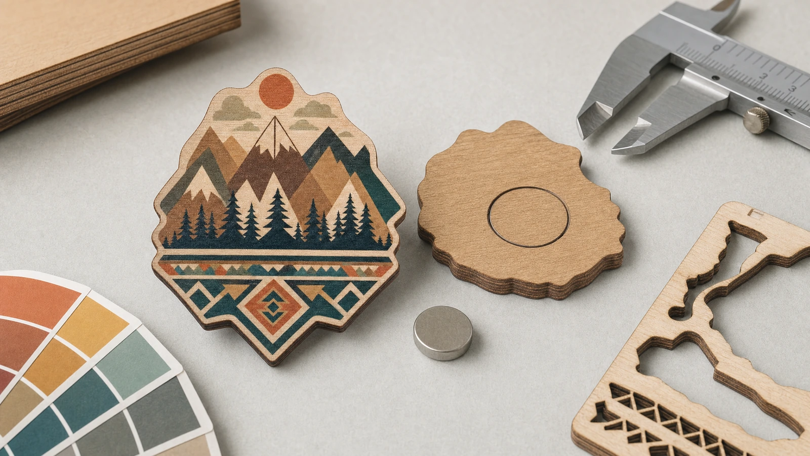 Application concepts for custom engraved plywood magnets Illustrative engraved plywood magnet concepts for wedding favors, destination souvenirs and business gifts