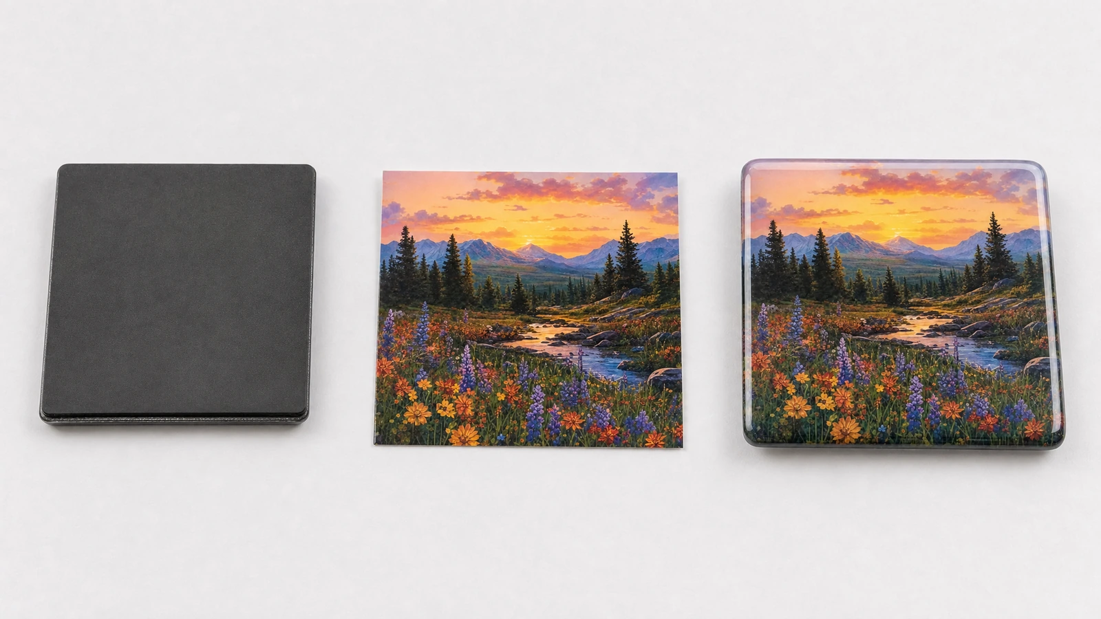Artwork preflight desk with a printed magnet proof, crop guides and a matching domed sample