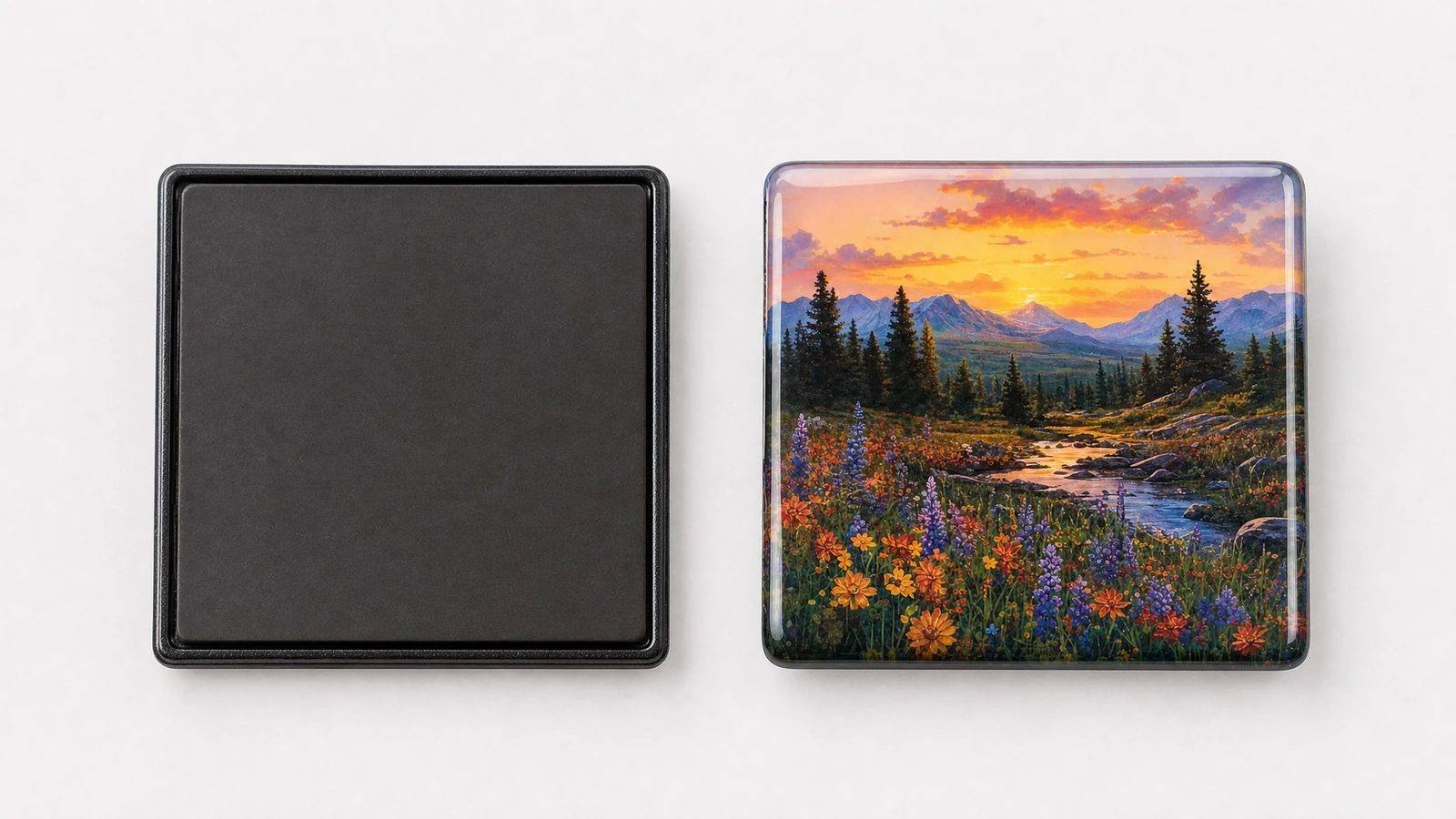 Epoxy-domed magnet design samples beside a ruler for checking finished size and artwork readability