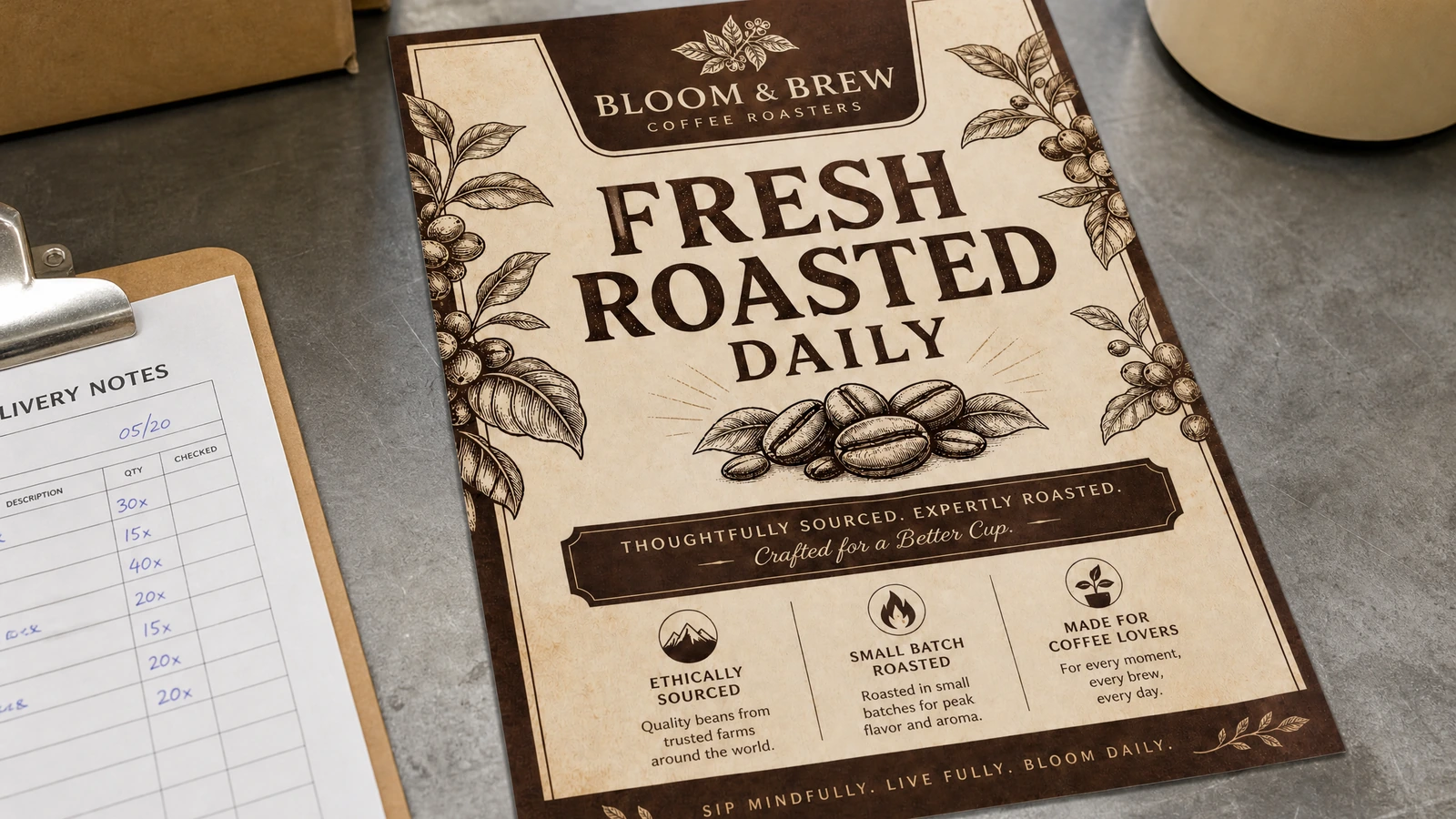 Flyer surface and reverse-side options without back fasteners Illustrative gloss, matte, and uncoated flyer surfaces with printed and blank reverse sides and no attachment hardware