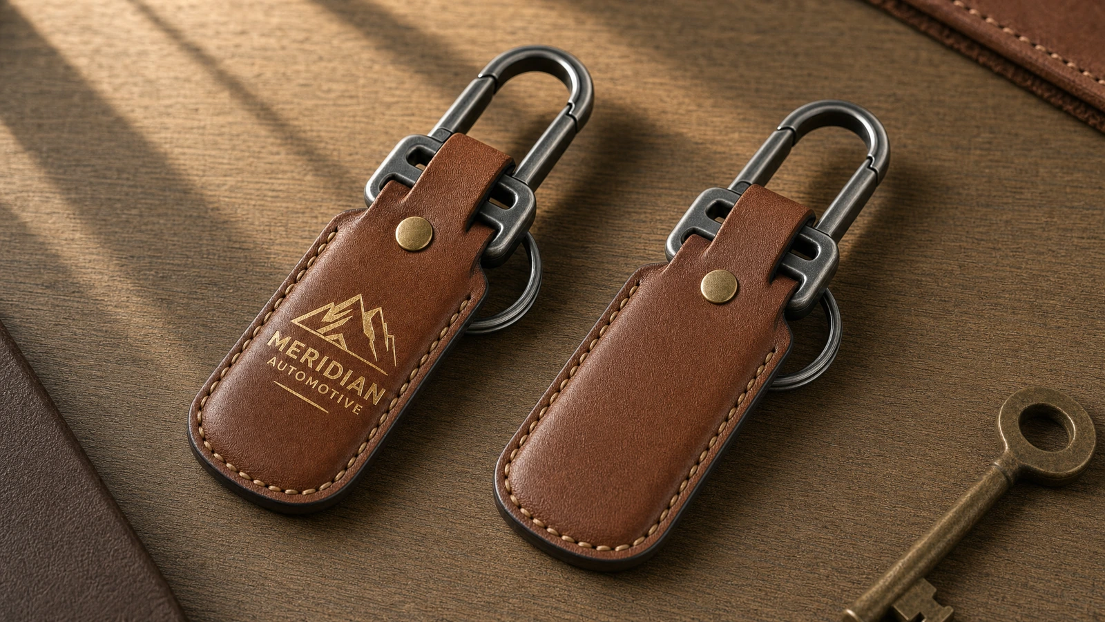 Artwork and personalization checks before sampling Artwork preflight setup comparing a leather key fob sample with vector artwork and front-and-back proofs