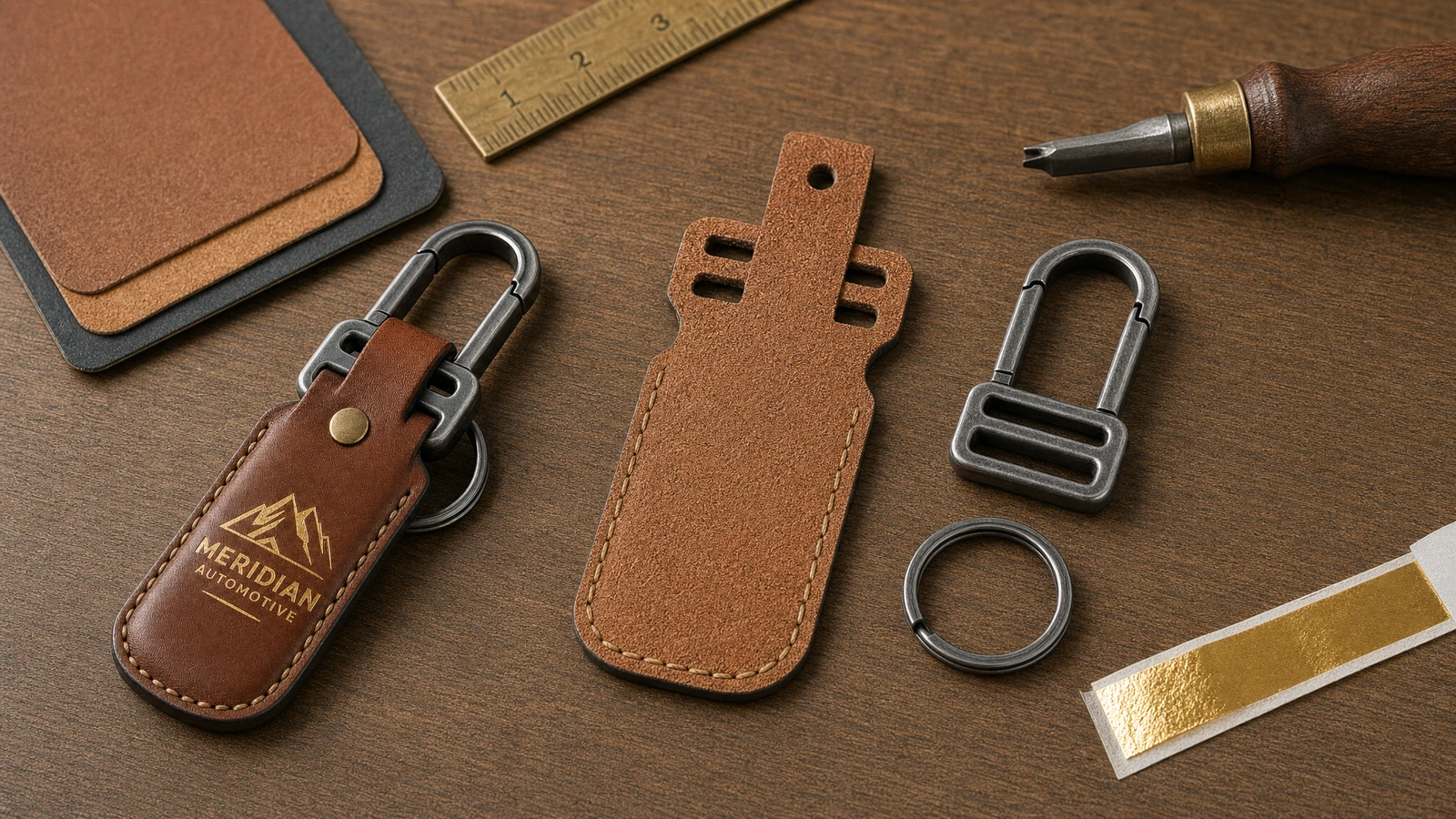 Finished dimensions and logo readability checks Leather key fob concepts showing body dimensions, overall length, and logo readability at actual size