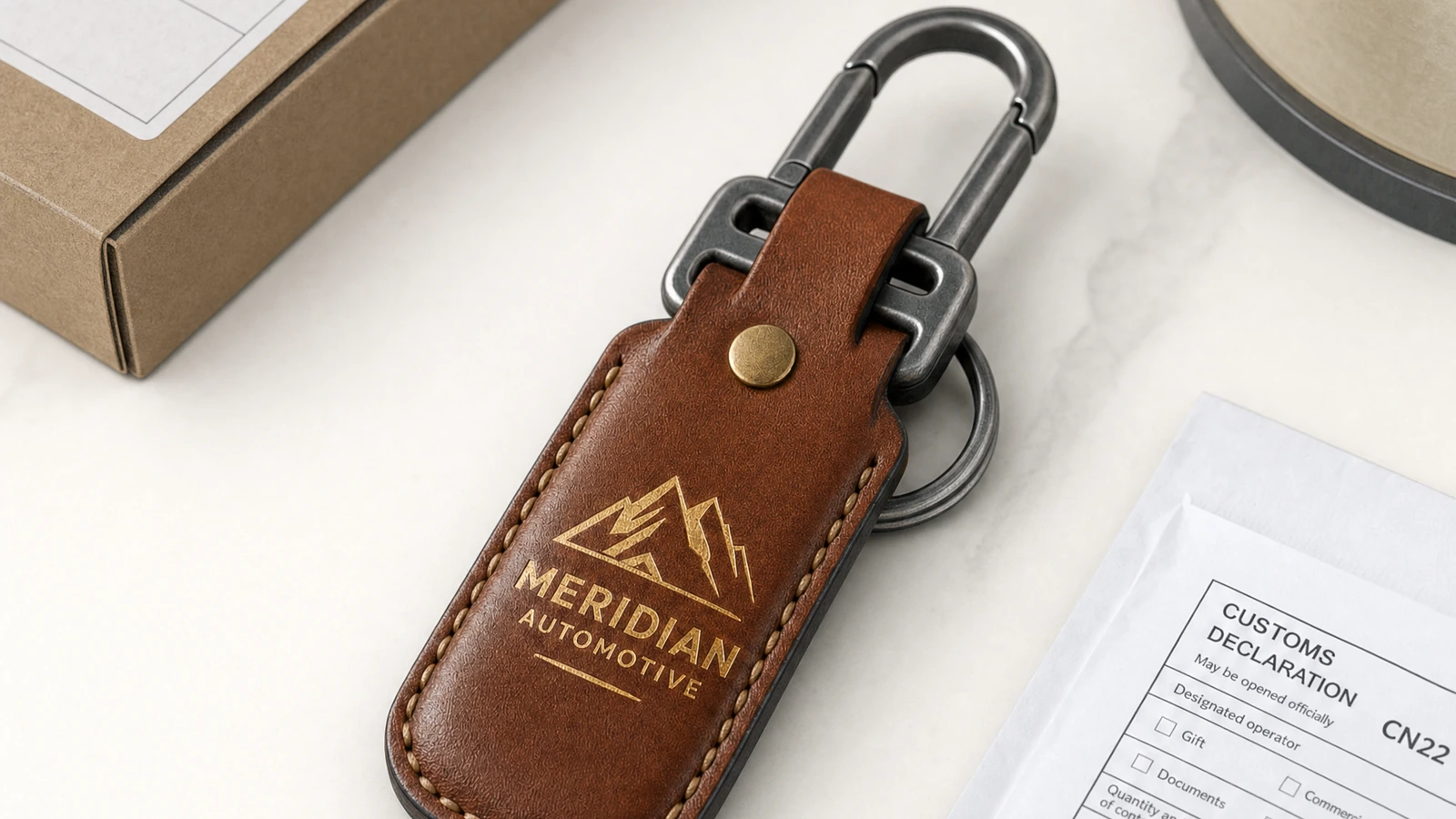 Surface treatments and reverse-side fastening options Leather key fob surface concepts with recessed logos, foil details, reverse-side stitching, rivets, rings, and clips