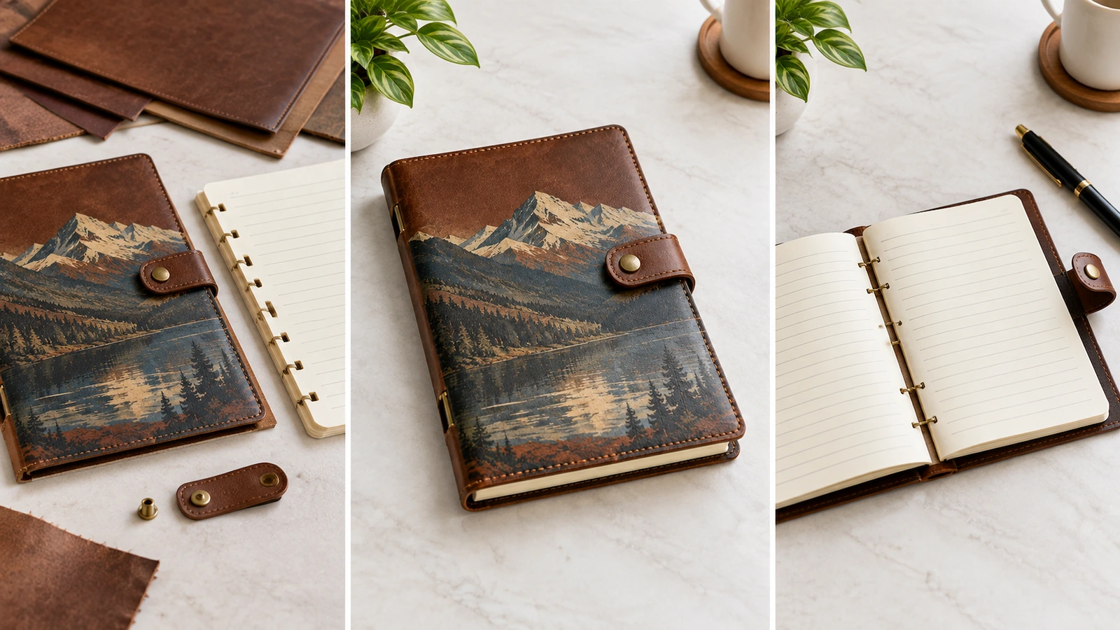 Personalization artwork and placement review Illustrative artwork preflight with a notebook cover, logo placement proof, and leather marking sample