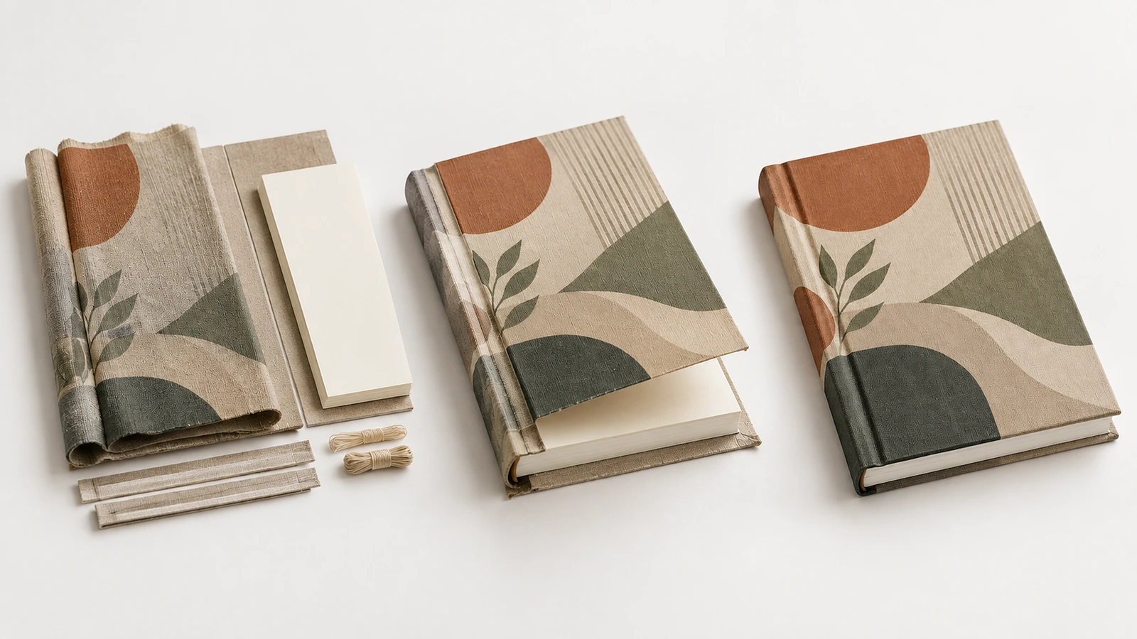 Review artwork placement and lettering before sampling Illustrative artwork preflight with a linen notebook, vector logo proof, and cover positioning template