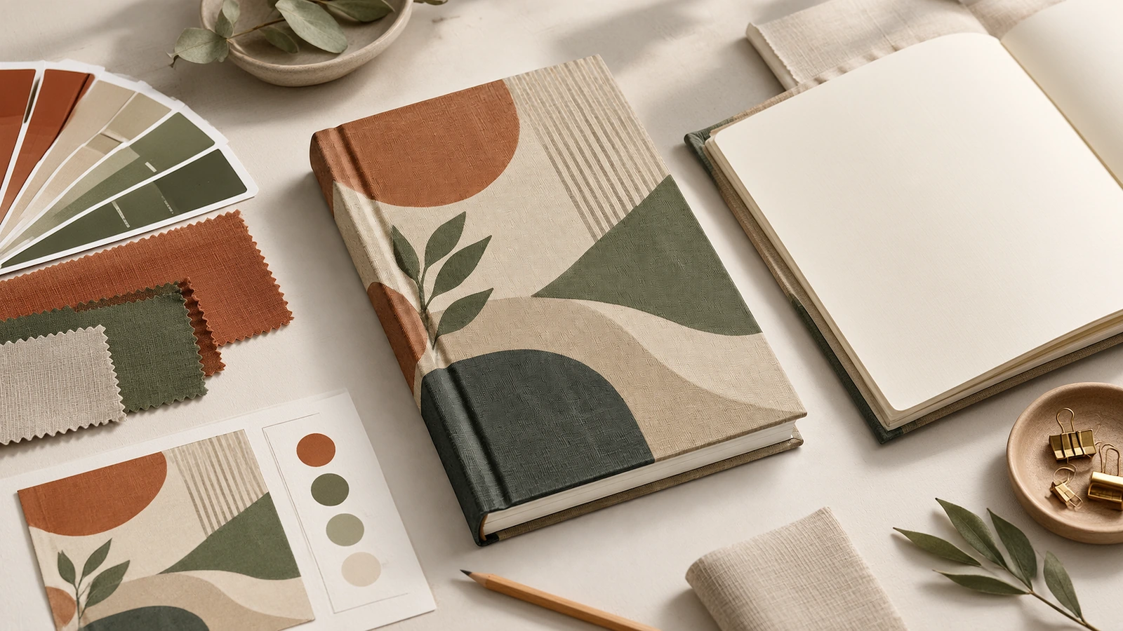 Linen notebook application concept for brand gifting Illustrative linen-wrapped hardcover notebook in an employee welcome and client gifting setting