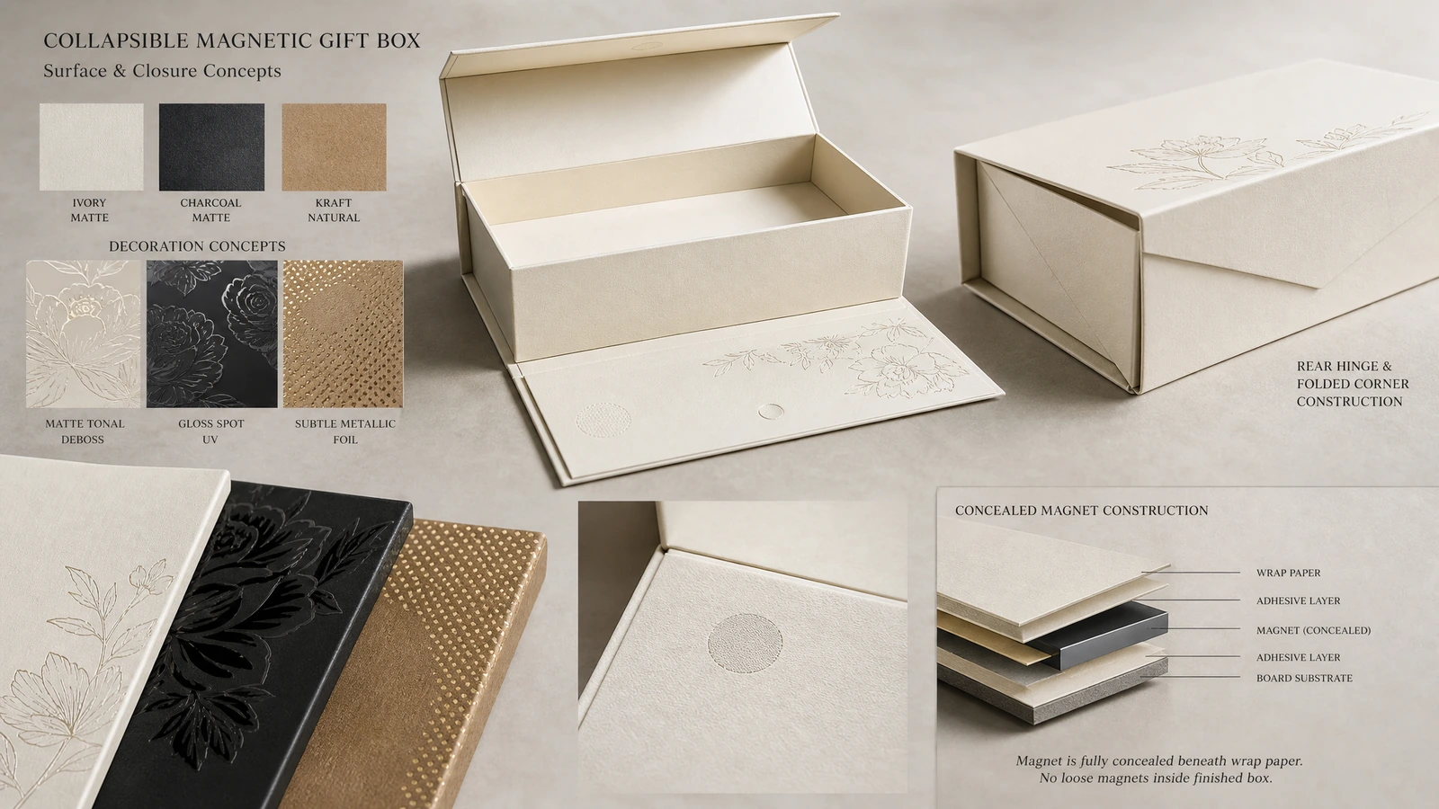 Concept comparison of wrap finishes, magnetic flap construction and rear hinge details