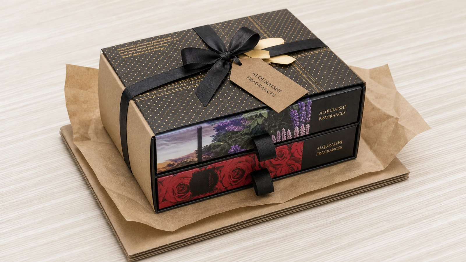 Illustrative process sequence from printed wrap and board components to an assembled magnetic gift box