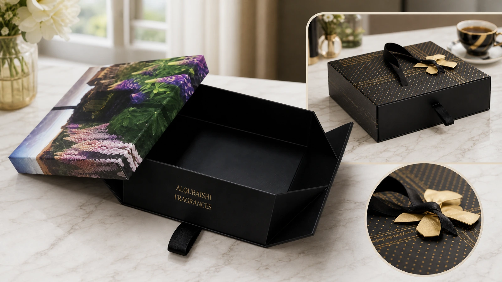 Illustrative inspection of box dimensions, magnetic closure alignment and wrapped corner quality