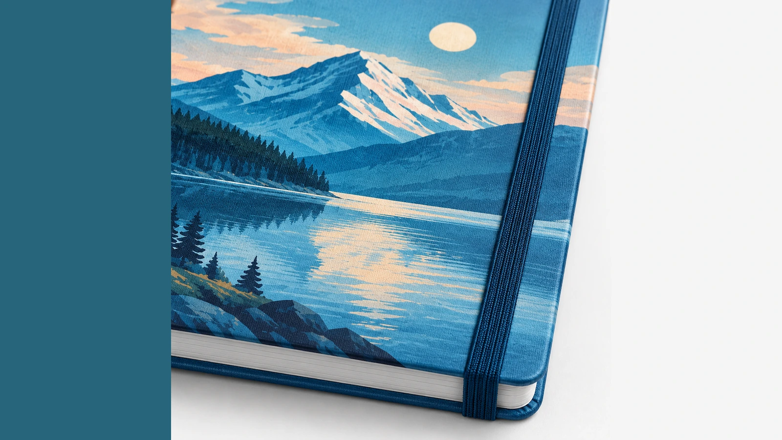 Surface finish and rear closure details for sampling Illustrative printed paper cover finishes with elastic closure, ribbon marker and rear pocket concepts