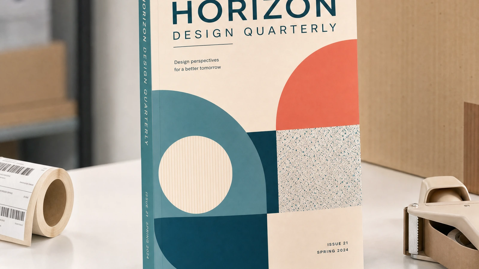 Gloss, matte, and tactile cover concepts beside a perfect-bound magazine spine and back cover without fastening hardware