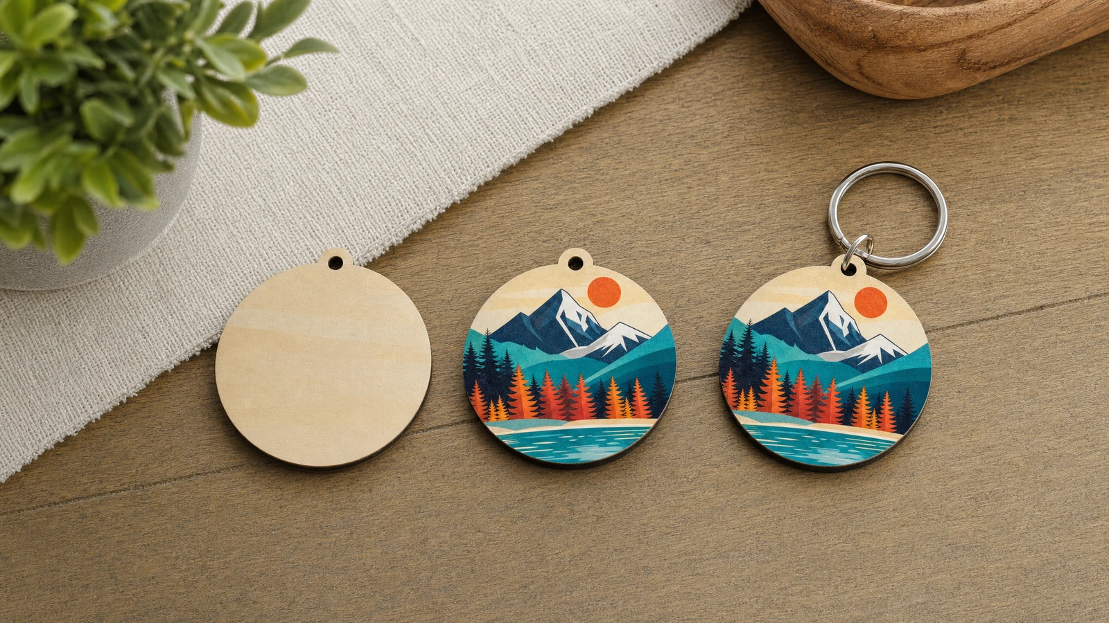 Prepare a clear MDF keychain artwork approval file Illustrative artwork preflight desk showing separate print artwork, cut outline, and attachment position