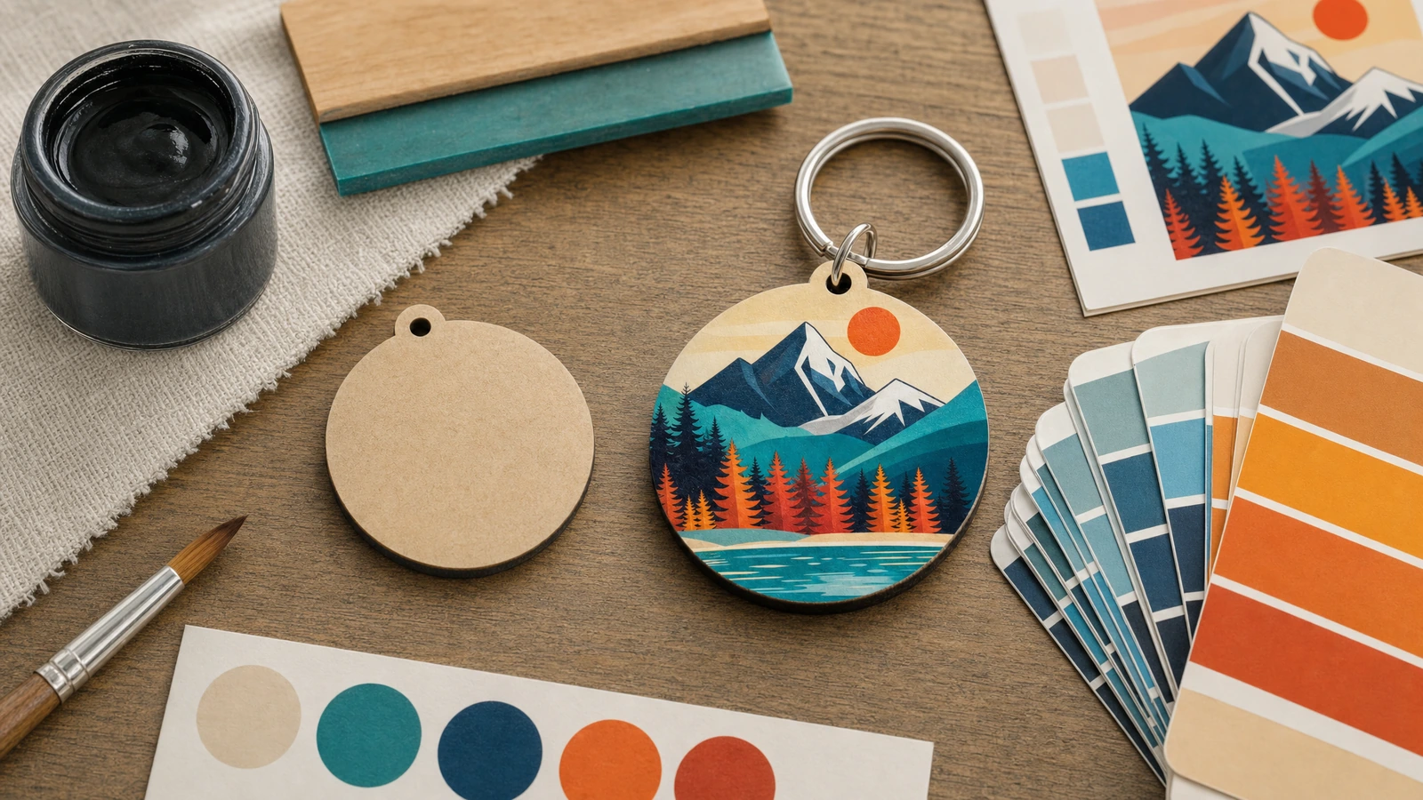 Printed MDF keychain purchasing and application scenarios Illustrative full-color MDF keychain concepts for branded gifts, artist merchandise, and souvenirs