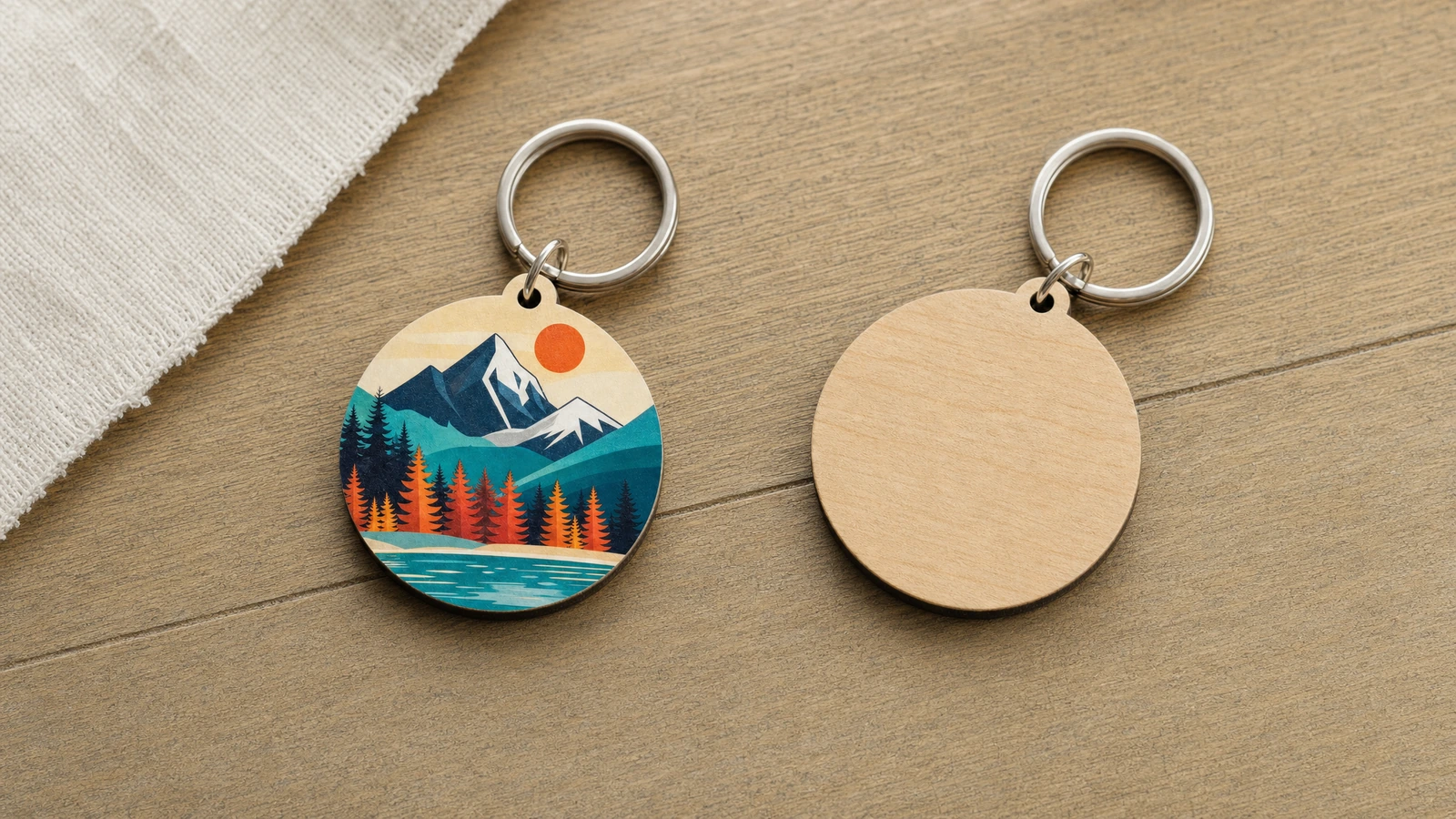 Check finished dimensions and artwork readability Illustrative MDF keychain size and readability review with a ruler and enlarged artwork detail