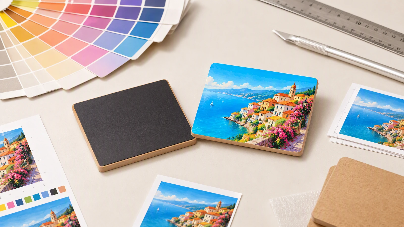 Illustrative purchasing and application scenarios for custom MDF magnets Concept display of printed MDF fridge magnets for souvenir retail, wedding keepsakes and branded gifts