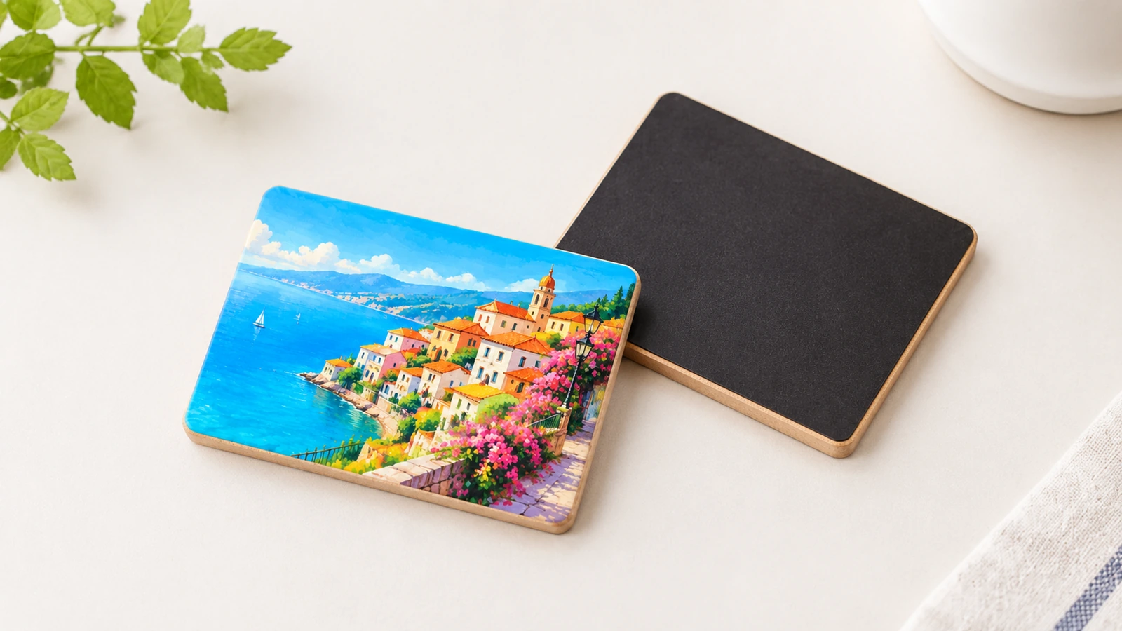 Illustrative finished-size and artwork readability review Concept comparison of printed MDF magnet artwork at different sizes with close-up text and edge details