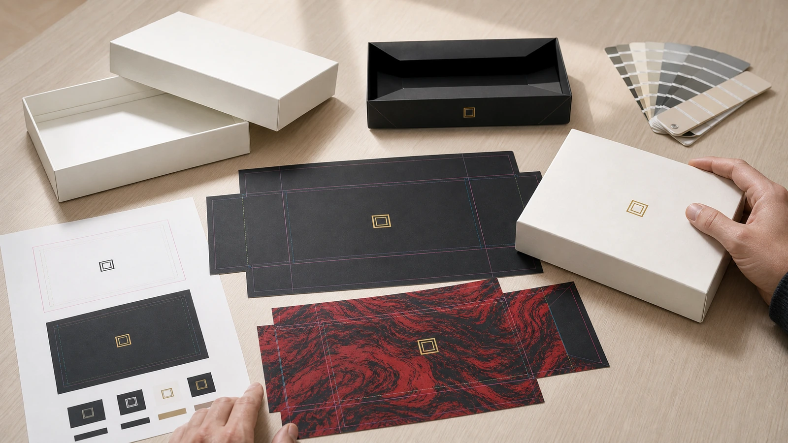 Illustrative artwork preflight with separate lid and base dielines and a physical box mockup