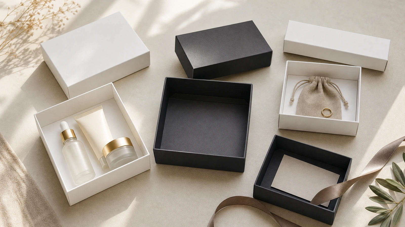 Illustrative two-piece rigid gift boxes for beauty, jewelry and corporate gifting