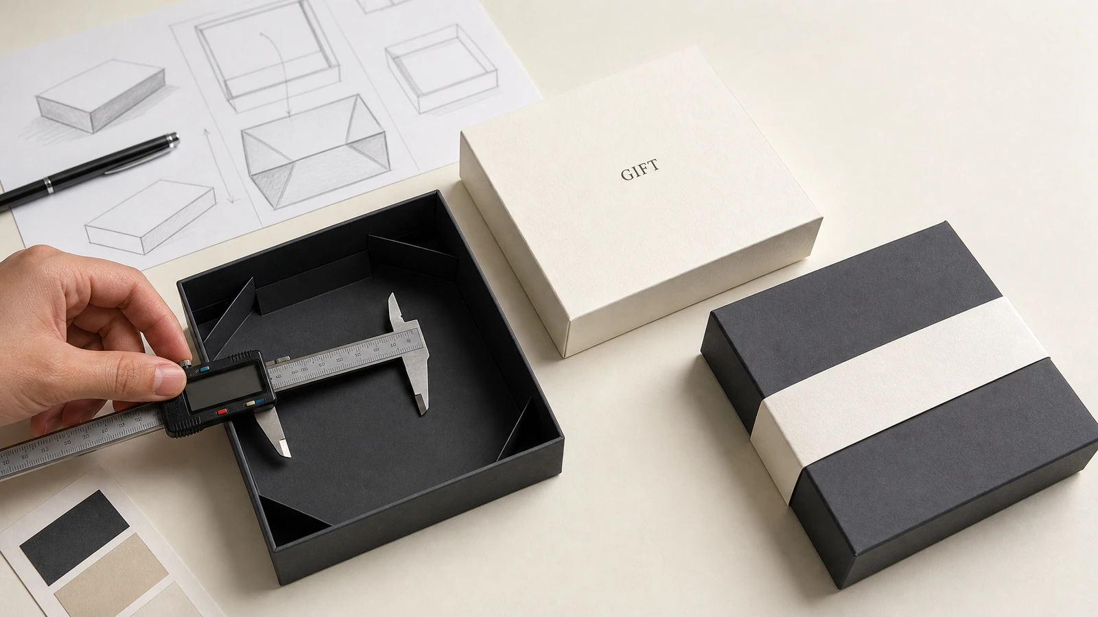 Illustrative rigid gift box interior measurement and lid artwork readability check