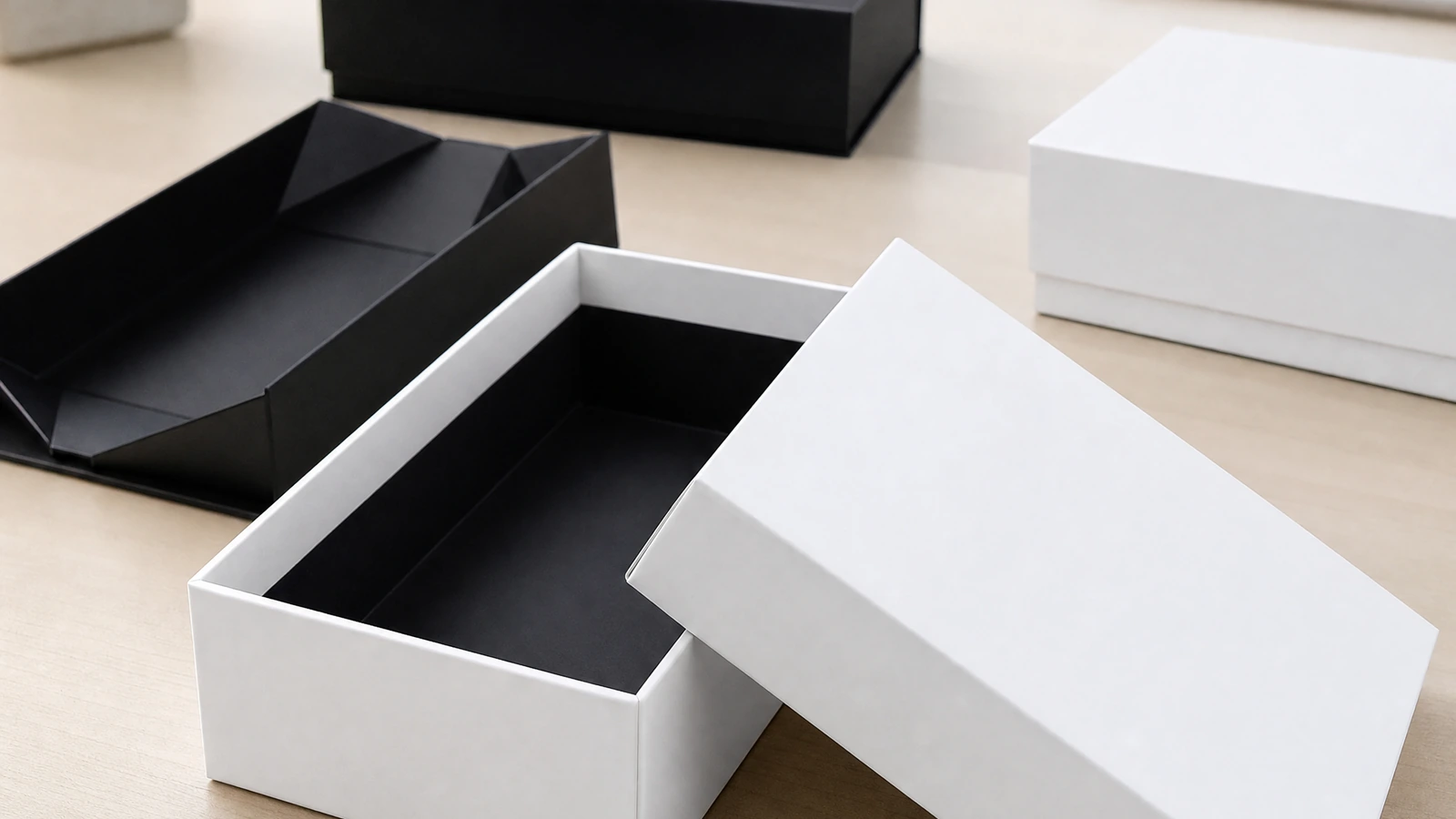 Illustrative paper finishes and lift-off lid fit with a plain box underside and no back clasp