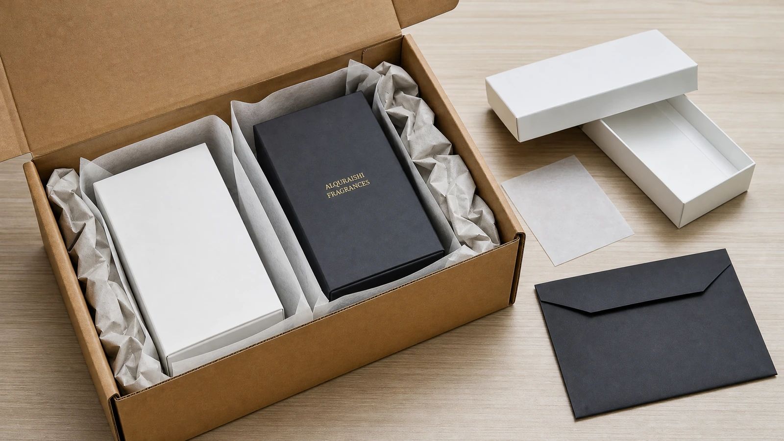 Illustrative rigid box production stages from board components to wrapped lid and base