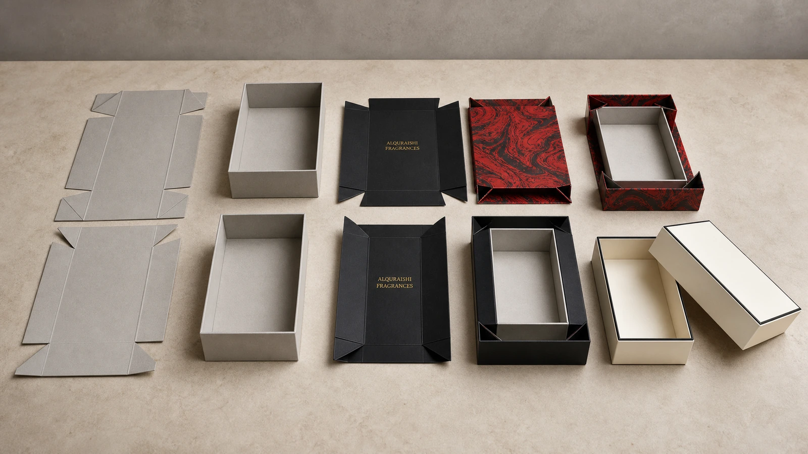 Illustrative inspection of rigid box corners, lid fit and printed finish against a reference sample