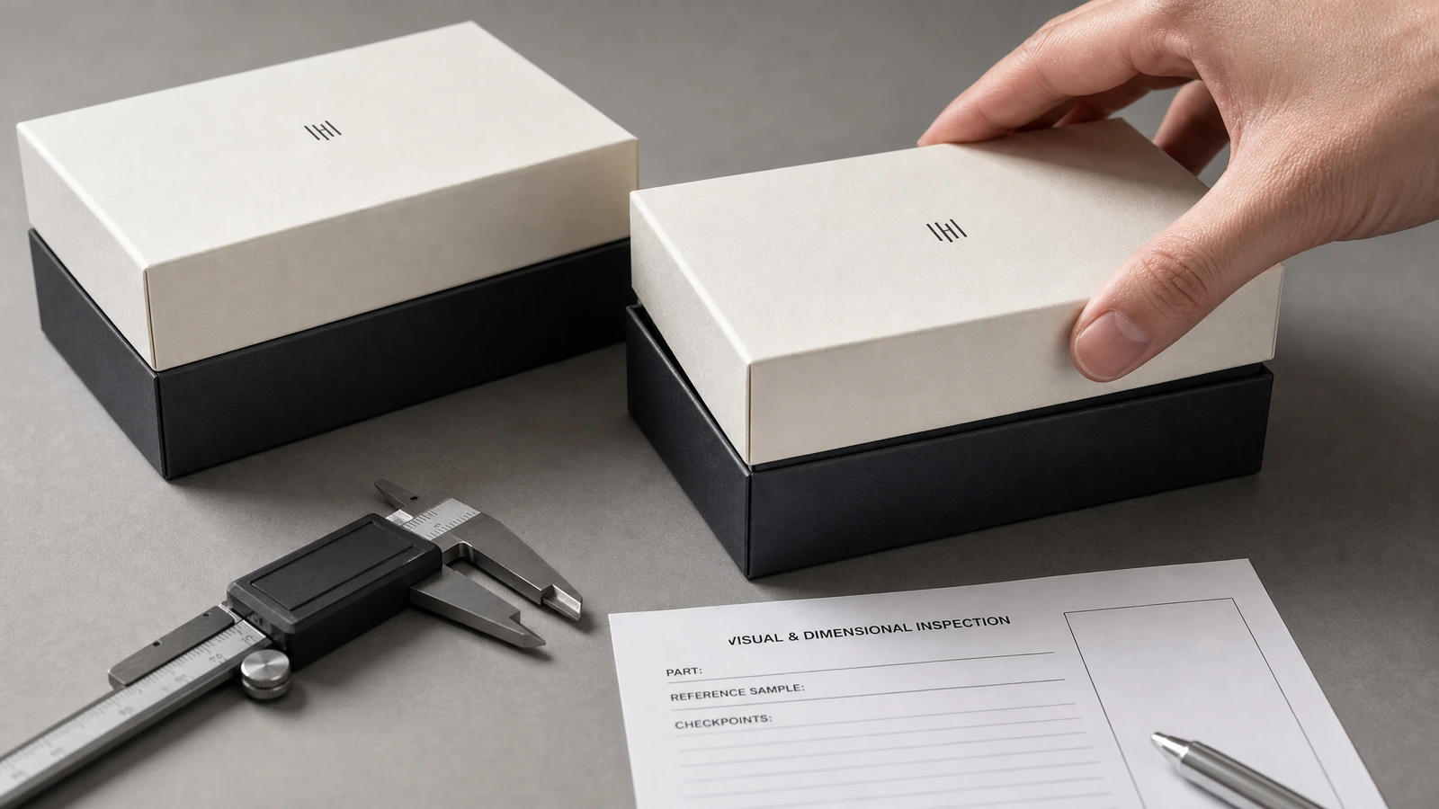 Illustrative rigid gift boxes protected inside an outer carton beside a retained reorder sample