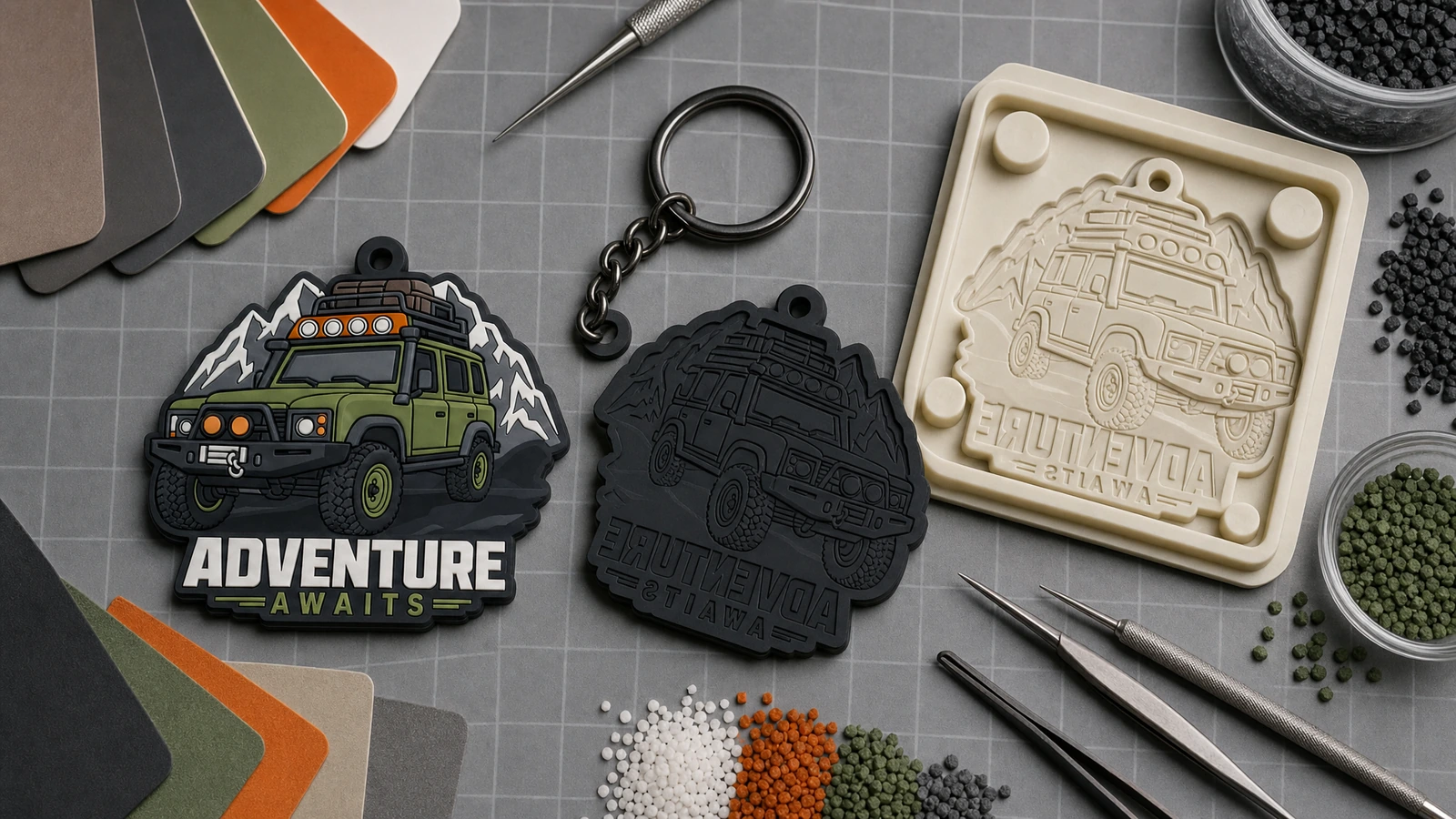 Finished-size and lettering readability review Illustrative soft PVC keychain artwork and sample beside measuring tools for size and lettering review