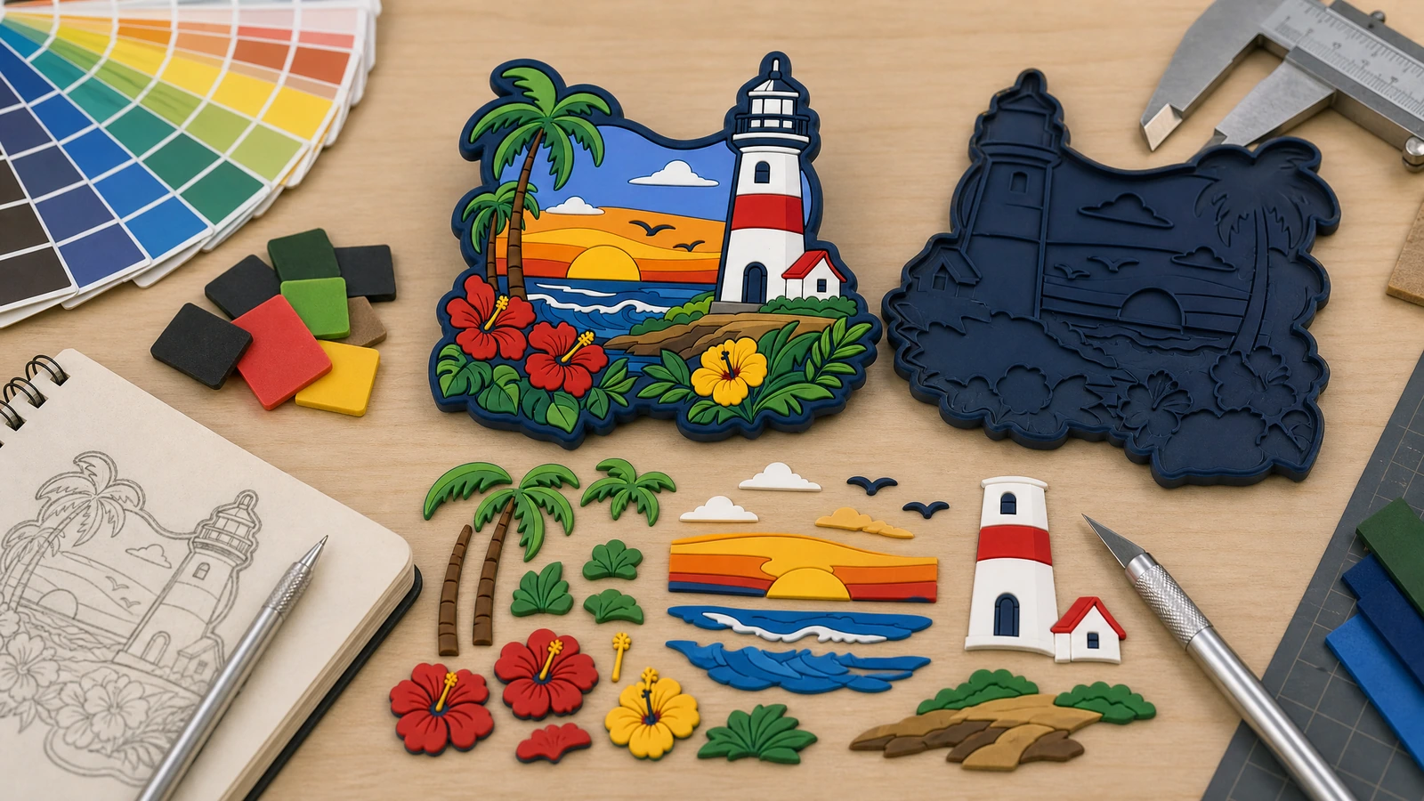 Purchasing and application scenarios for molded soft PVC magnets Illustrative 2D soft PVC souvenir and brand magnets displayed in retail and refrigerator settings