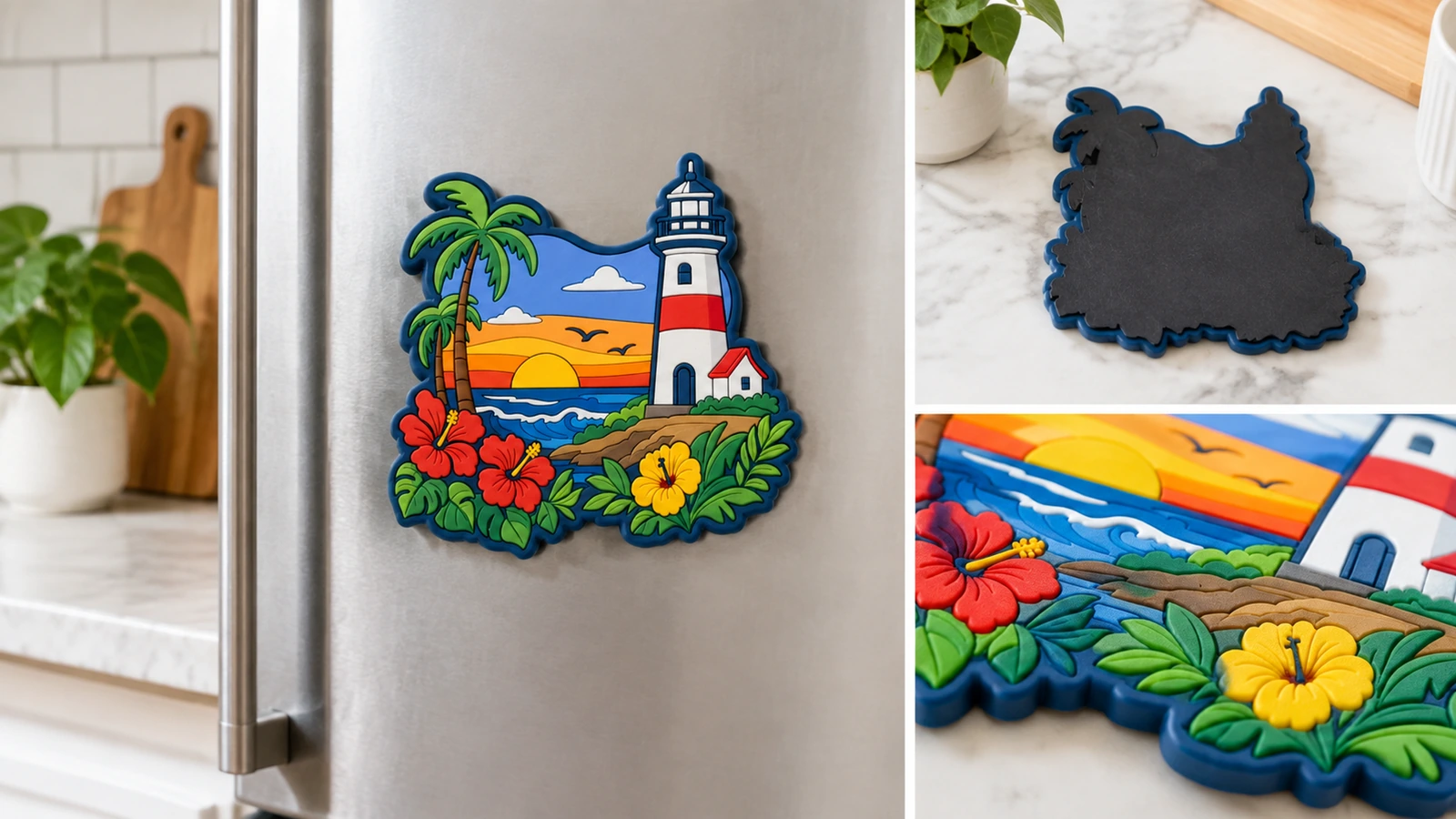 Packaging, shipment preparation and repeat-order reference control Illustrative soft PVC magnet packaging concepts with backing cards, a shipping carton and a retained reference sample