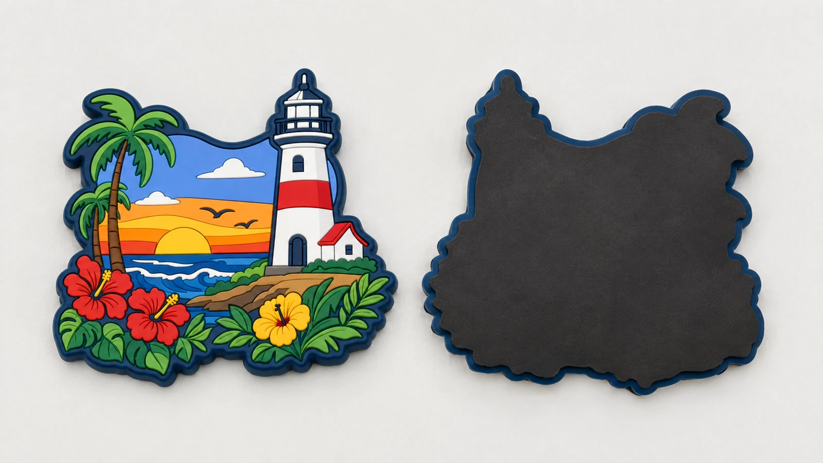Review finished size and lettering before approving the mold Illustrative molded PVC magnet layouts compared at different sizes for lettering and outline readability