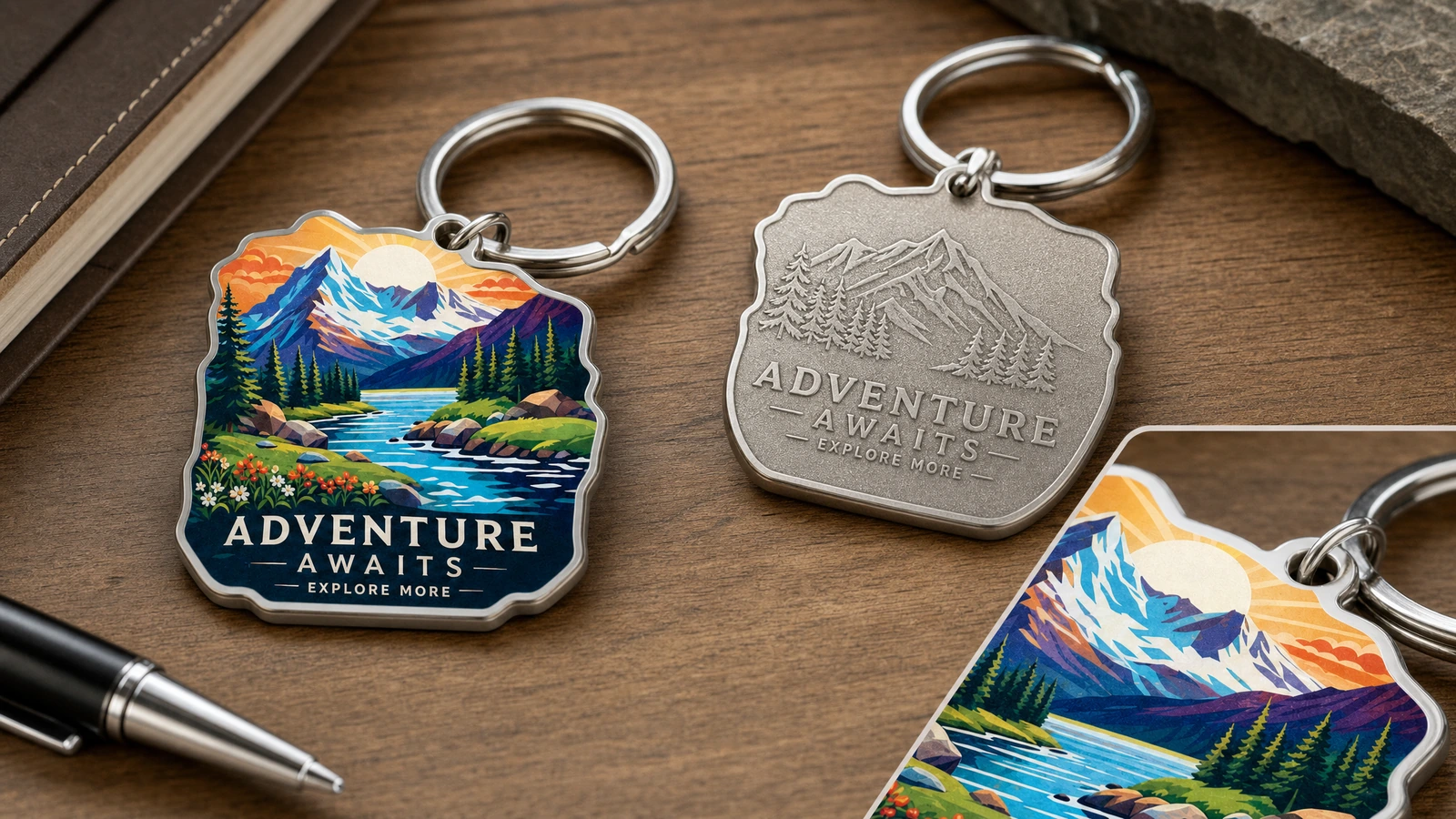 Separate artwork approval, sample approval, and production release Illustrative production stages from metal blank and die-struck body to finished keychain assembly