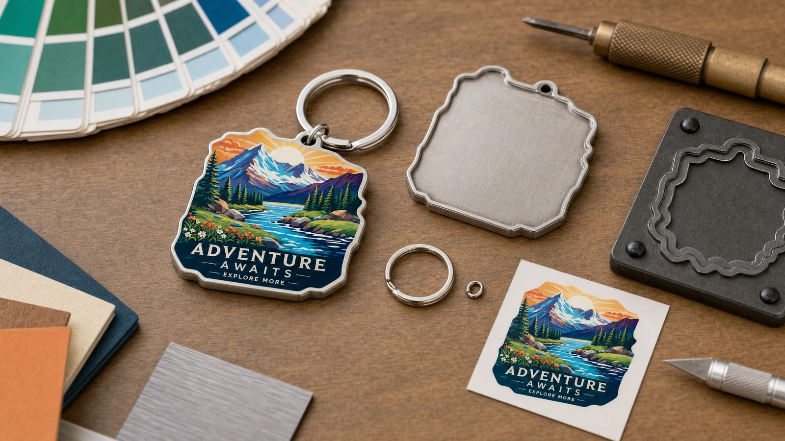Review readability and proportions on physical samples Illustrative keychain samples comparing bold relief, fine lettering, body size, and attachment clearance