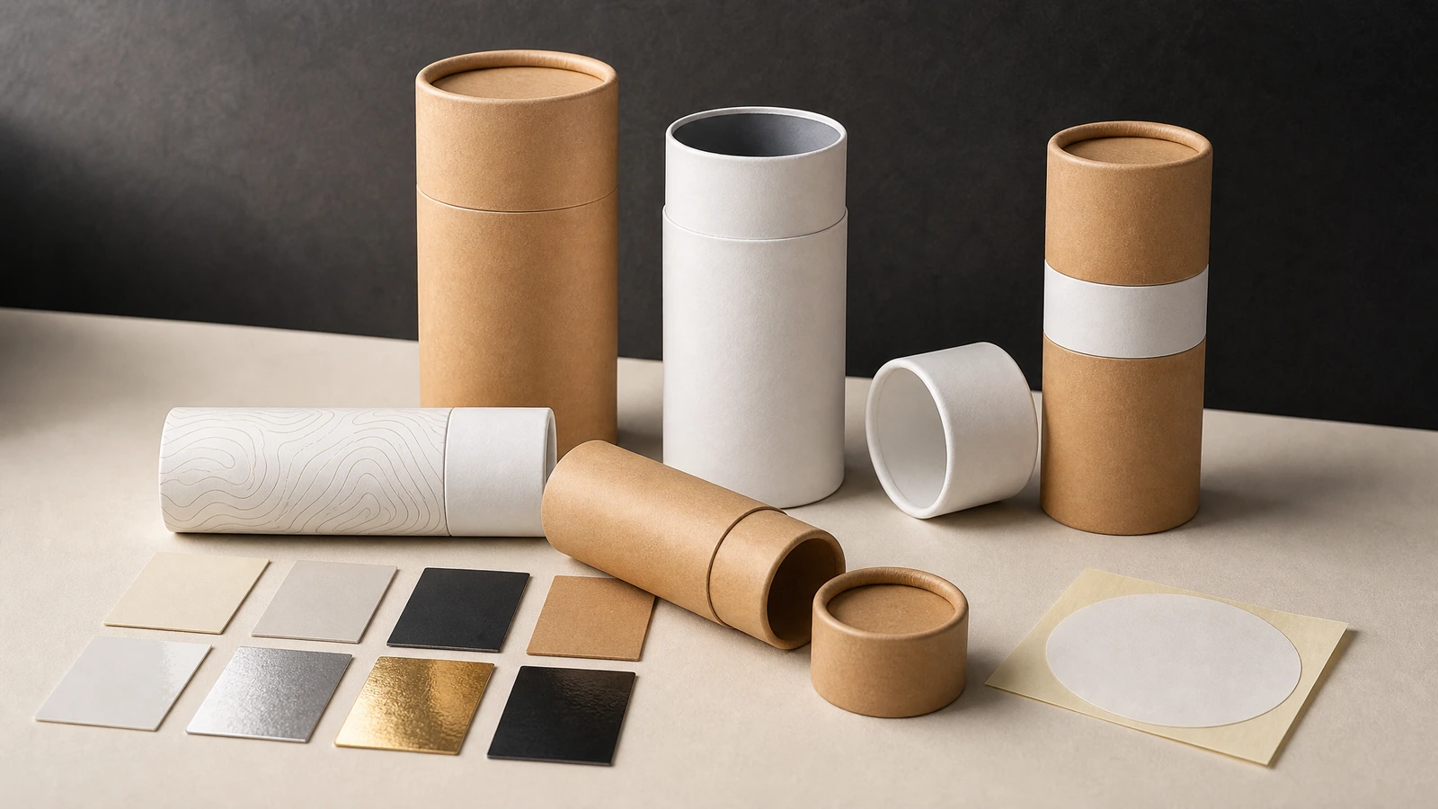 Concept two-piece paper tube boxes beside a candle jar, skincare bottle and wrapped gift