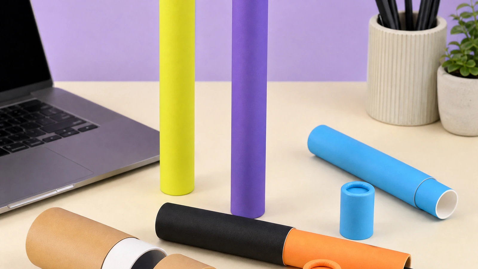 Packaging designer checking body and lid artwork beside an unprinted telescoping tube sample